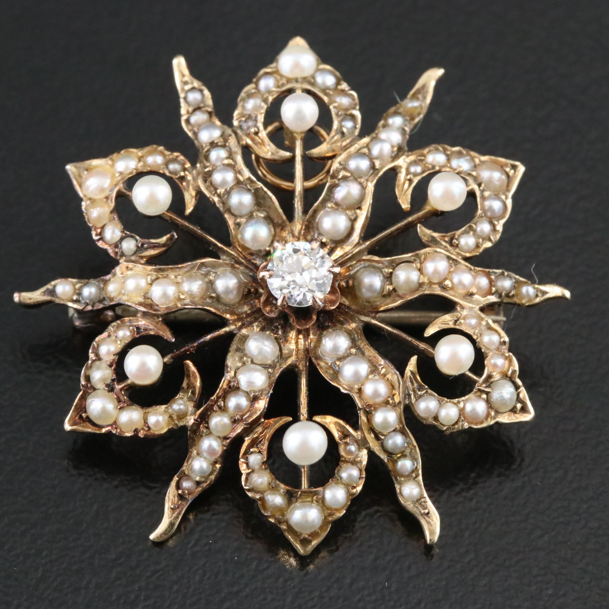 Early 1900s 14K Diamond and Seed Pearl Flower Brooch