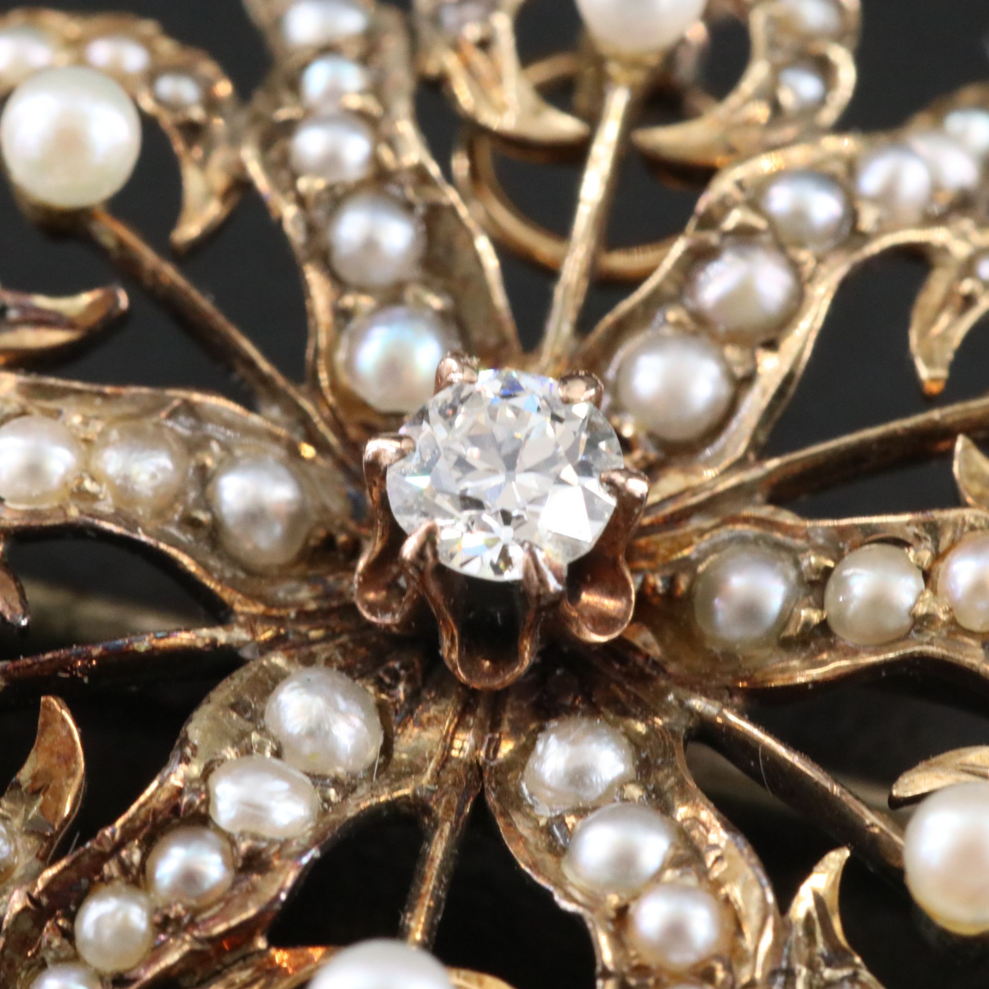 Early 1900s 14K Diamond and Seed Pearl Flower Brooch