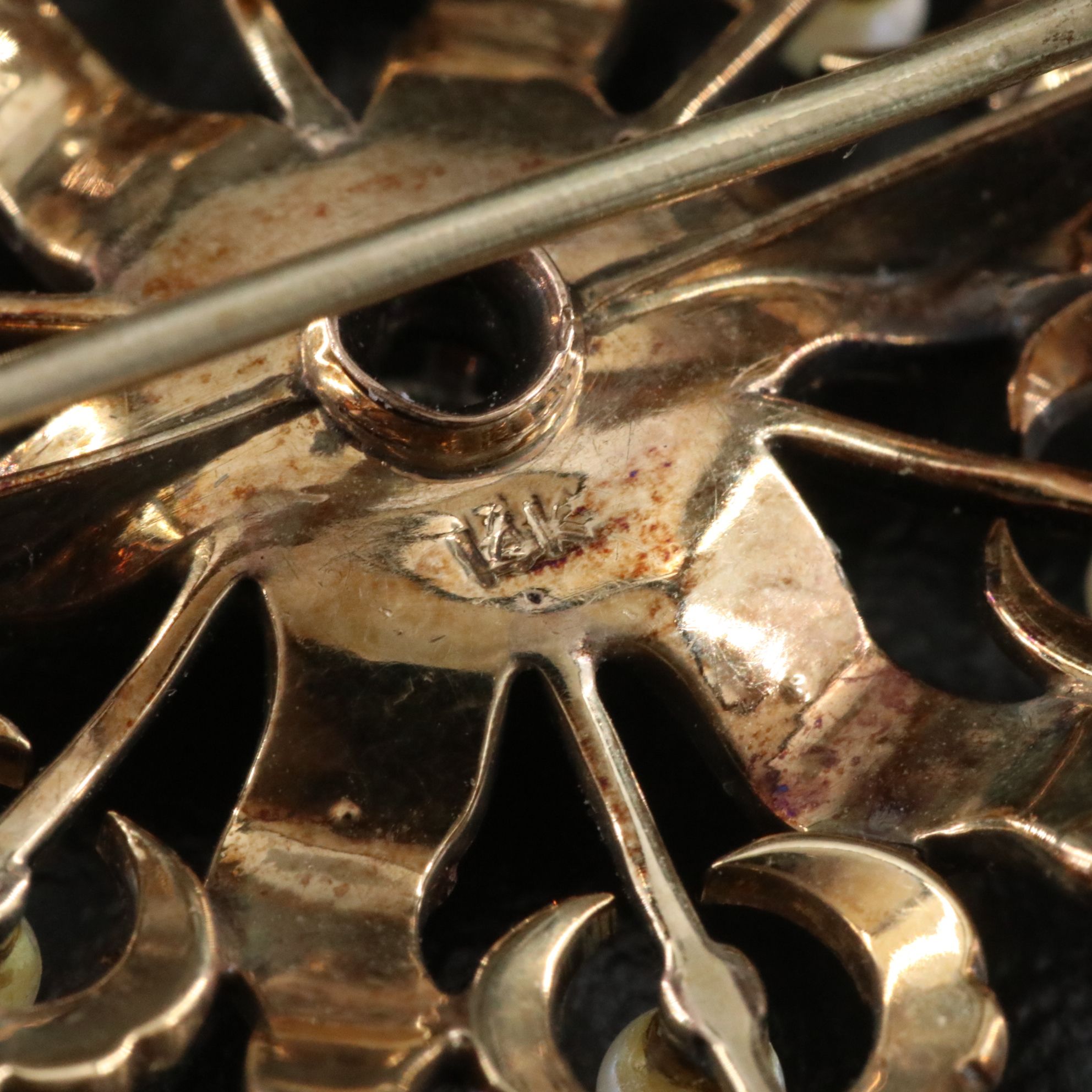 Early 1900s 14K Diamond and Seed Pearl Flower Brooch