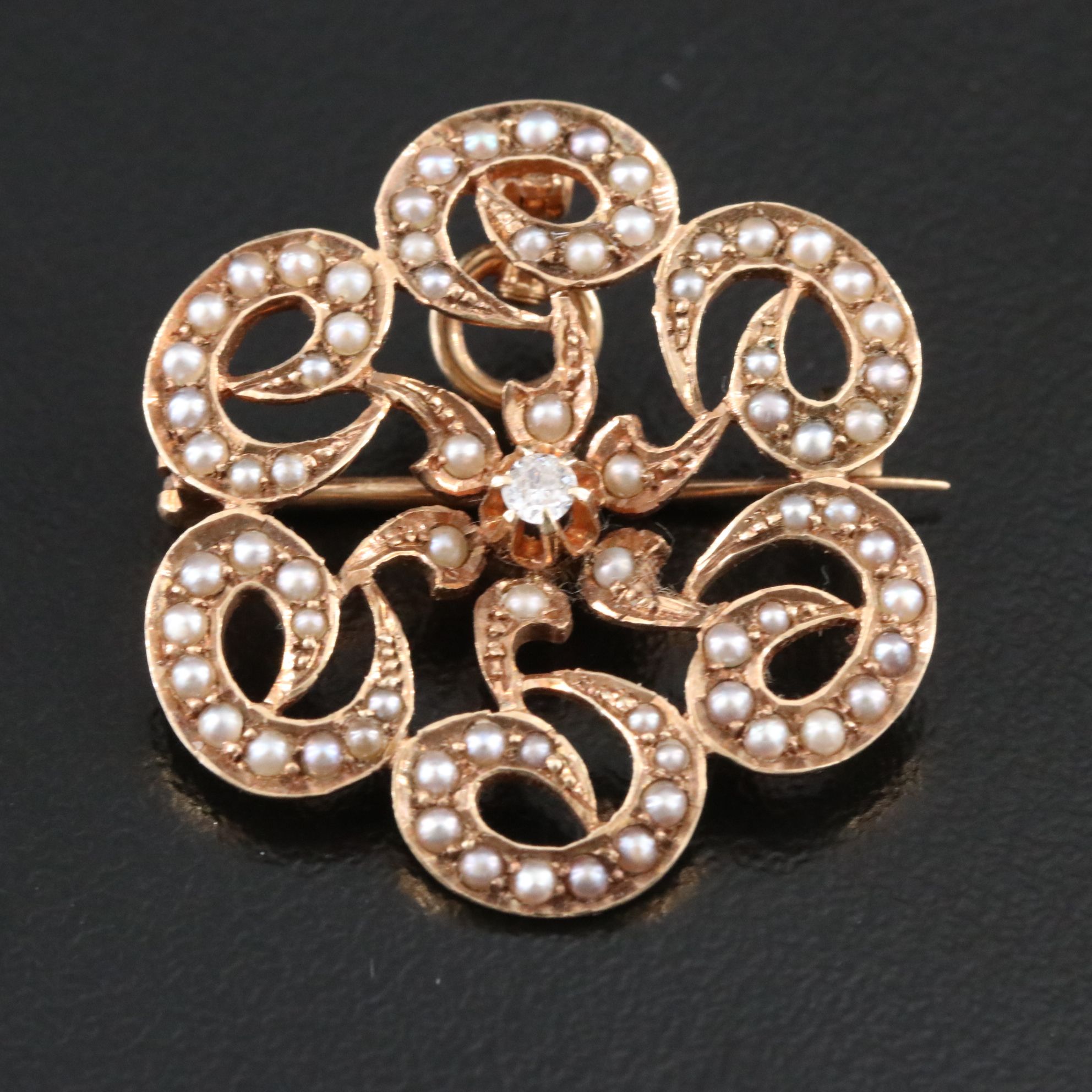Art Nouveau 14K Diamond and Seed Pearl Spiral Brooch