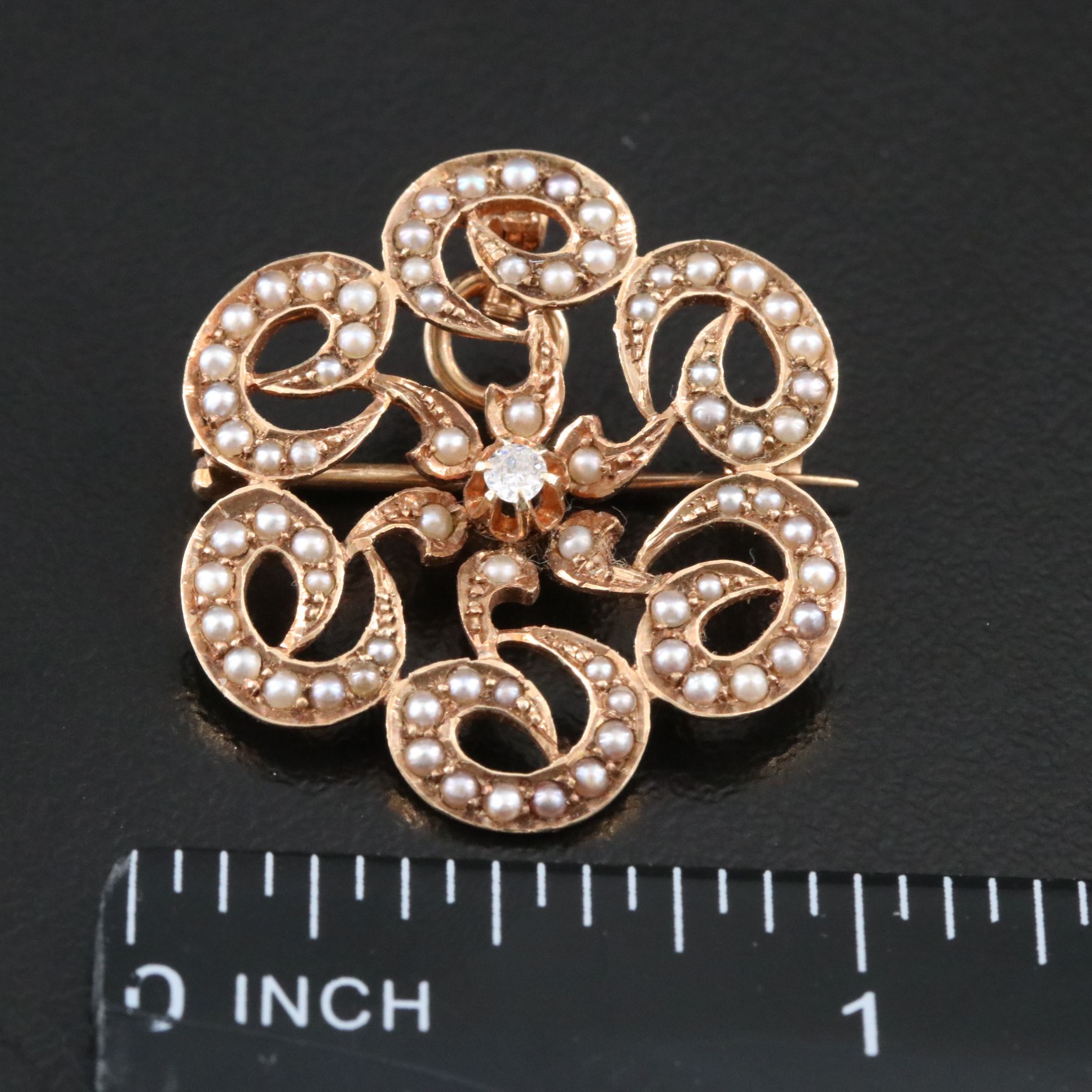 Art Nouveau 14K Diamond and Seed Pearl Spiral Brooch