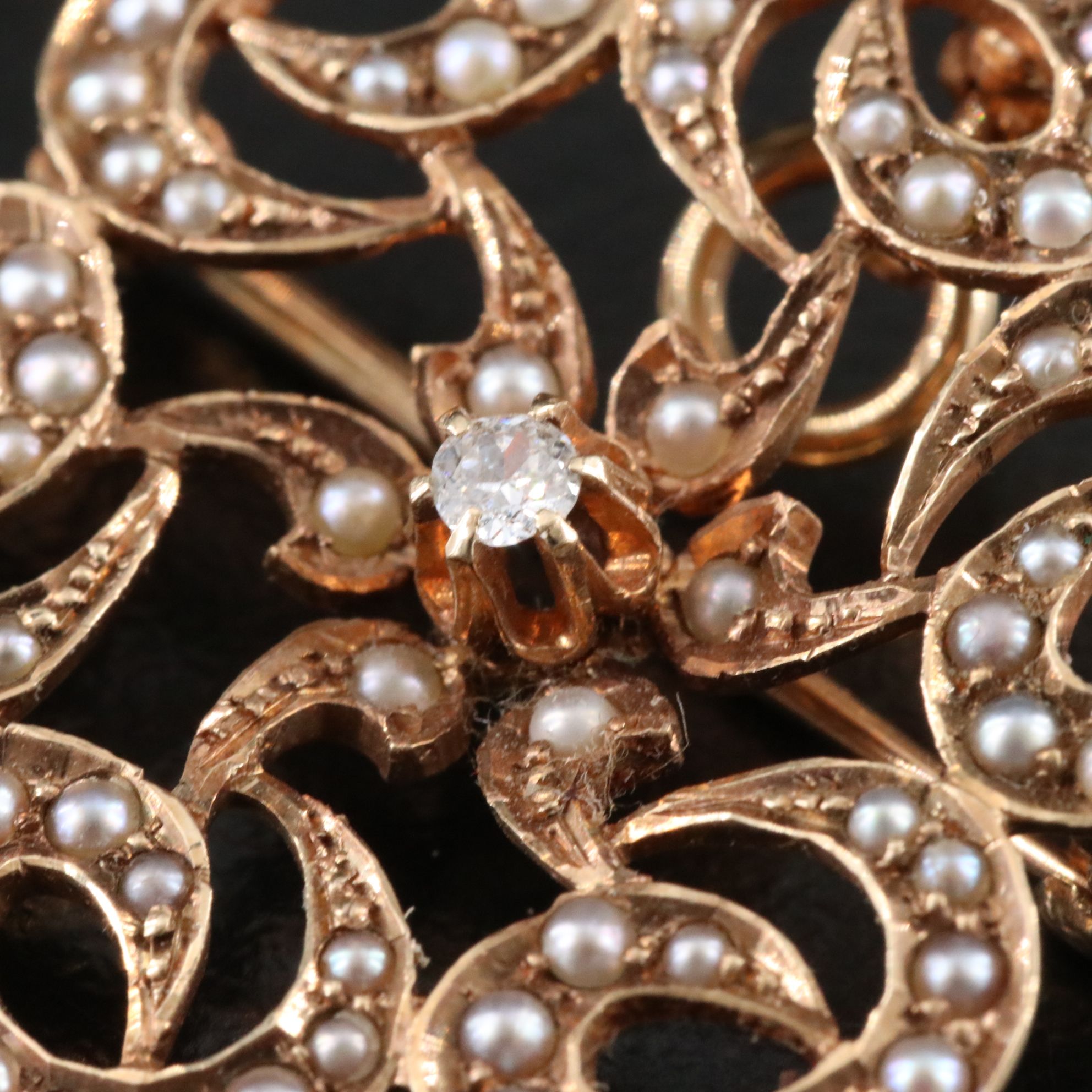 Art Nouveau 14K Diamond and Seed Pearl Spiral Brooch