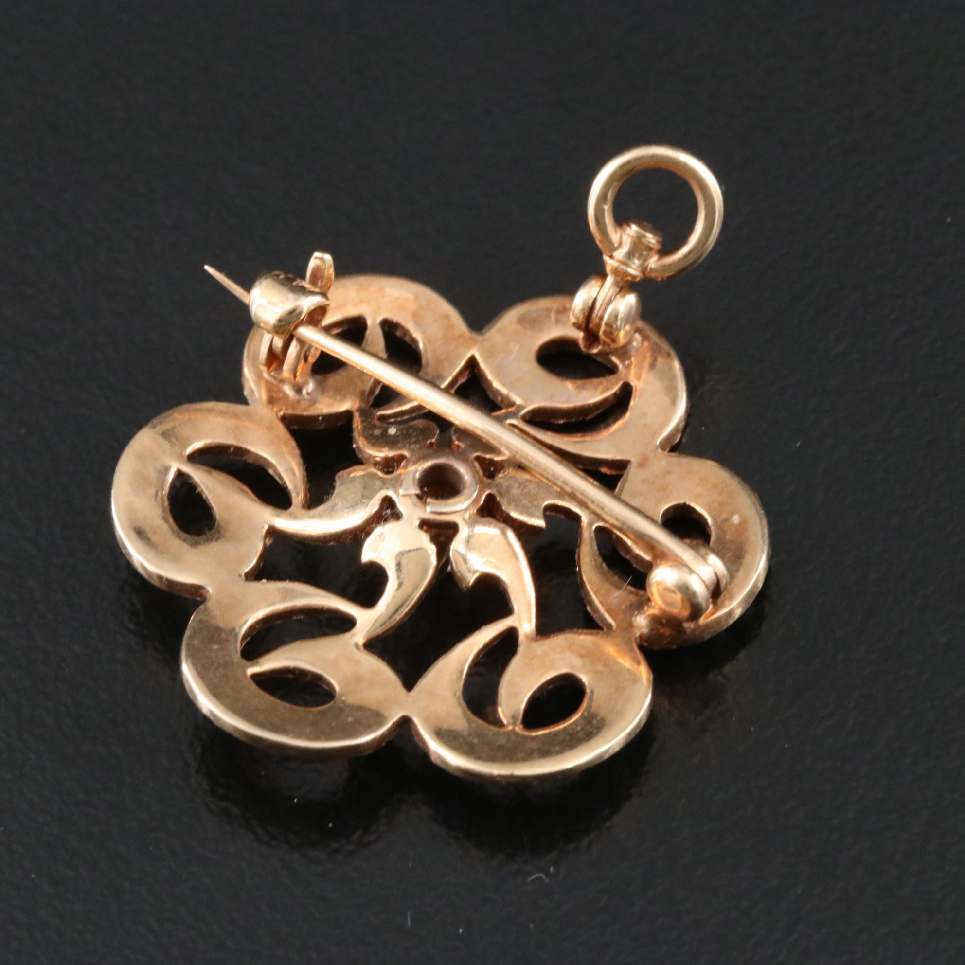 Art Nouveau 14K Diamond and Seed Pearl Spiral Brooch