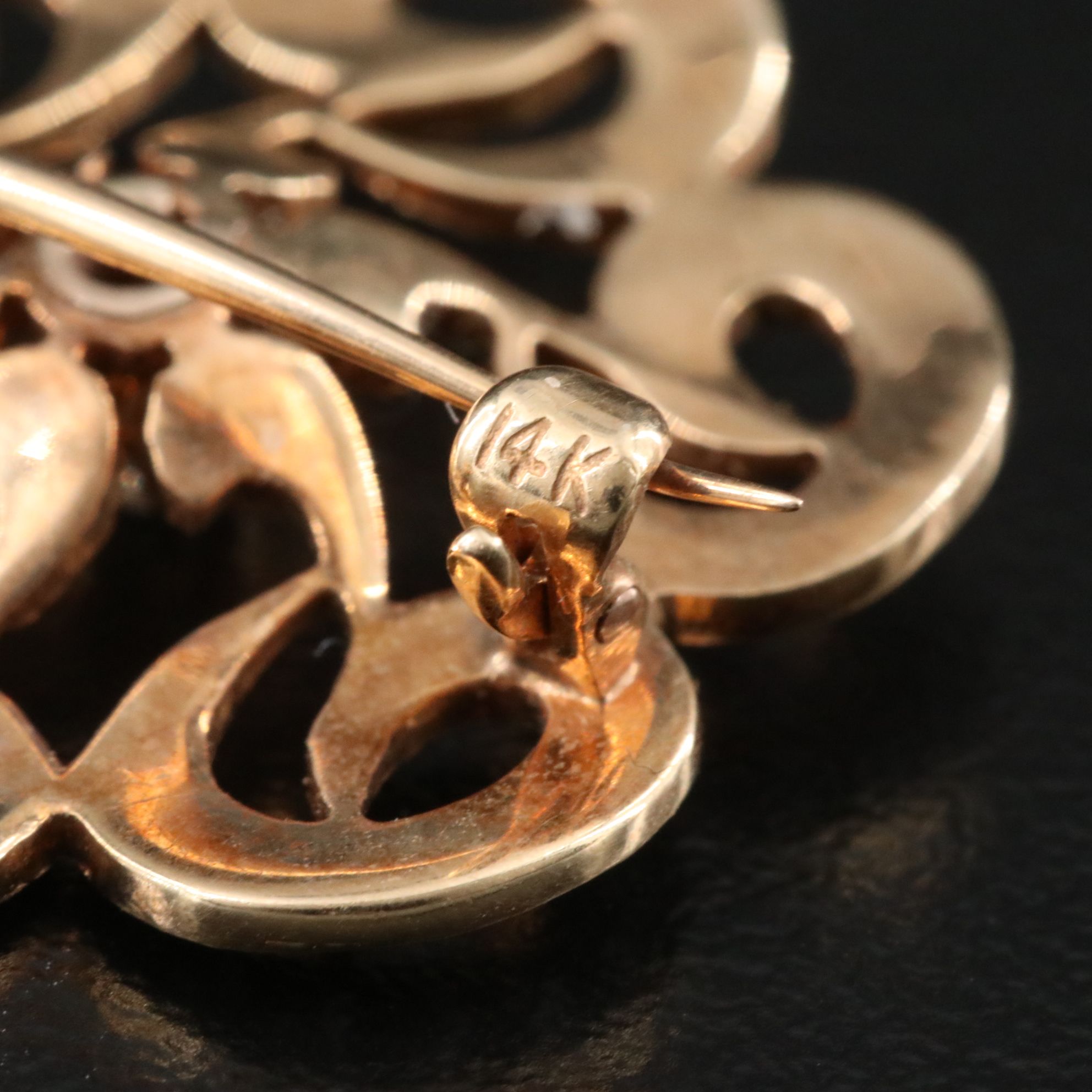 Art Nouveau 14K Diamond and Seed Pearl Spiral Brooch