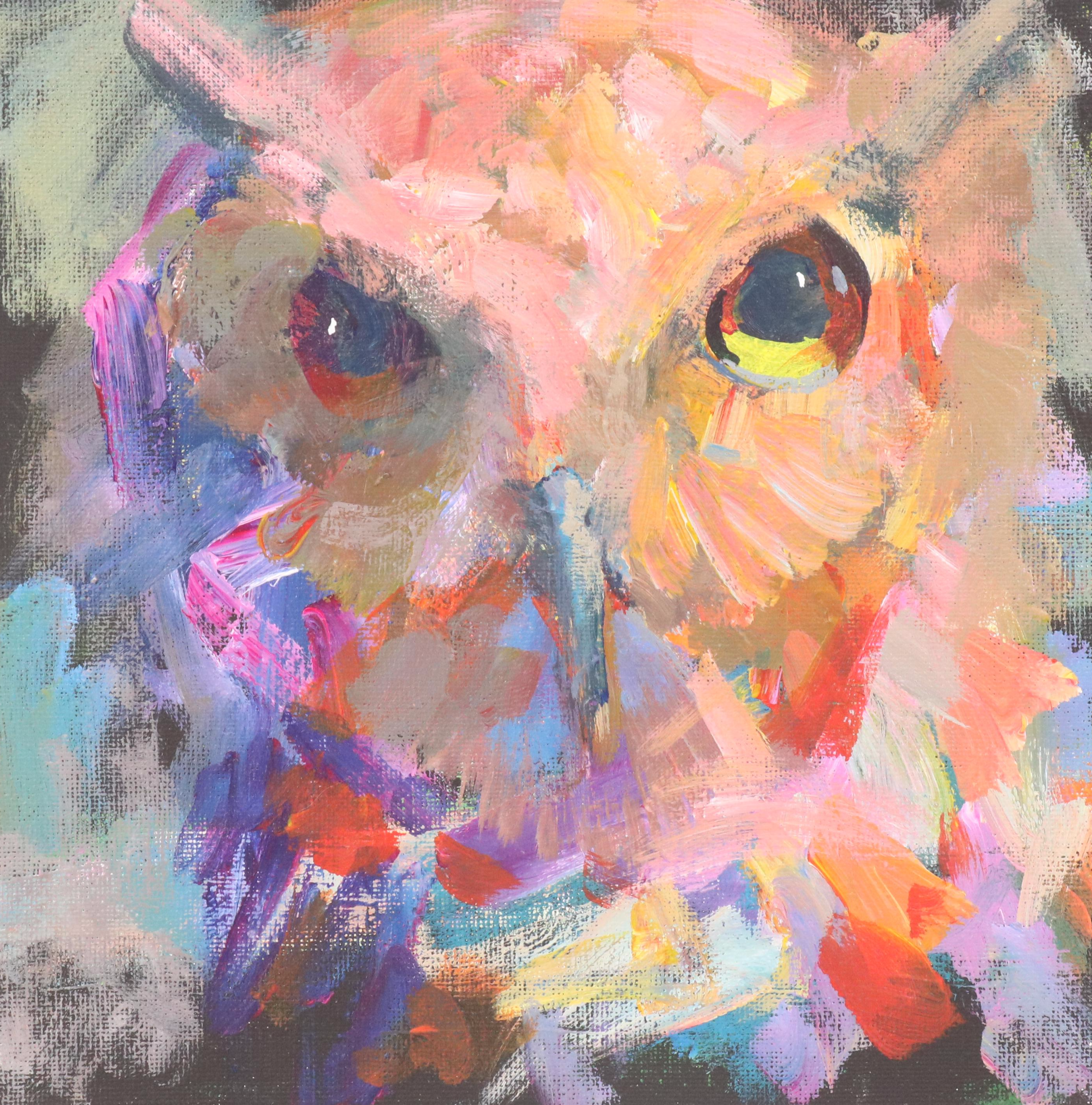 Elle Raines Stylized Acrylic Painting "Owl," 21st Century