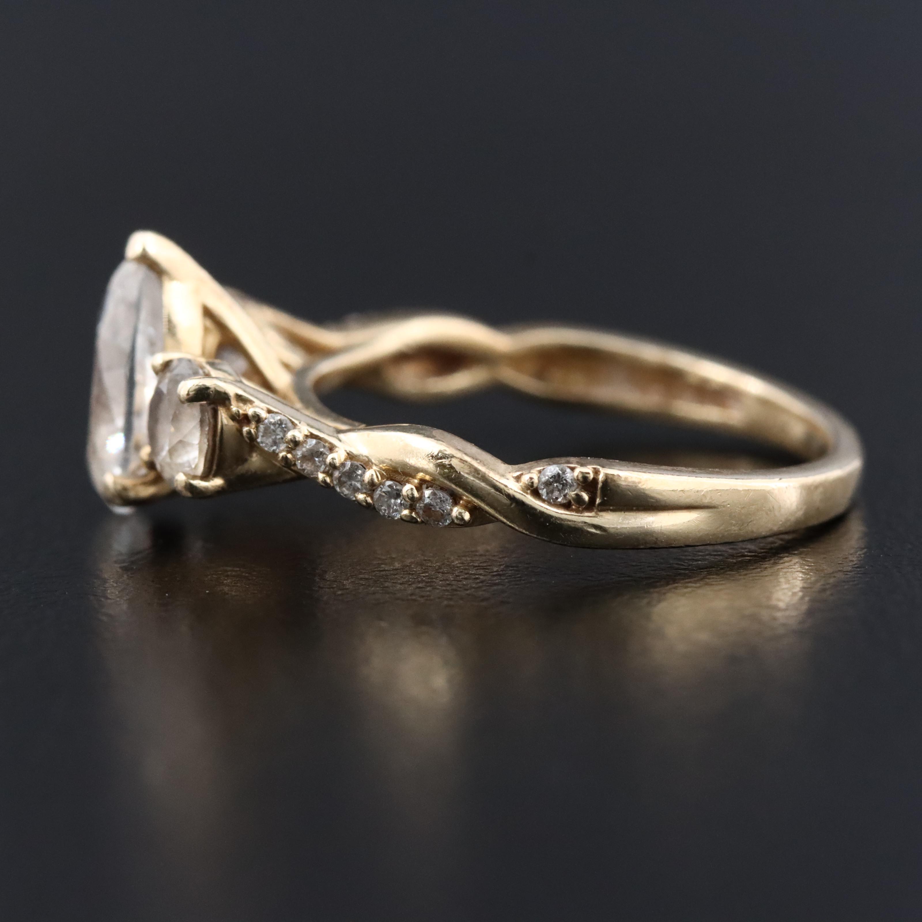 10K White Sapphire Ring with Braided Diamond Shoulders