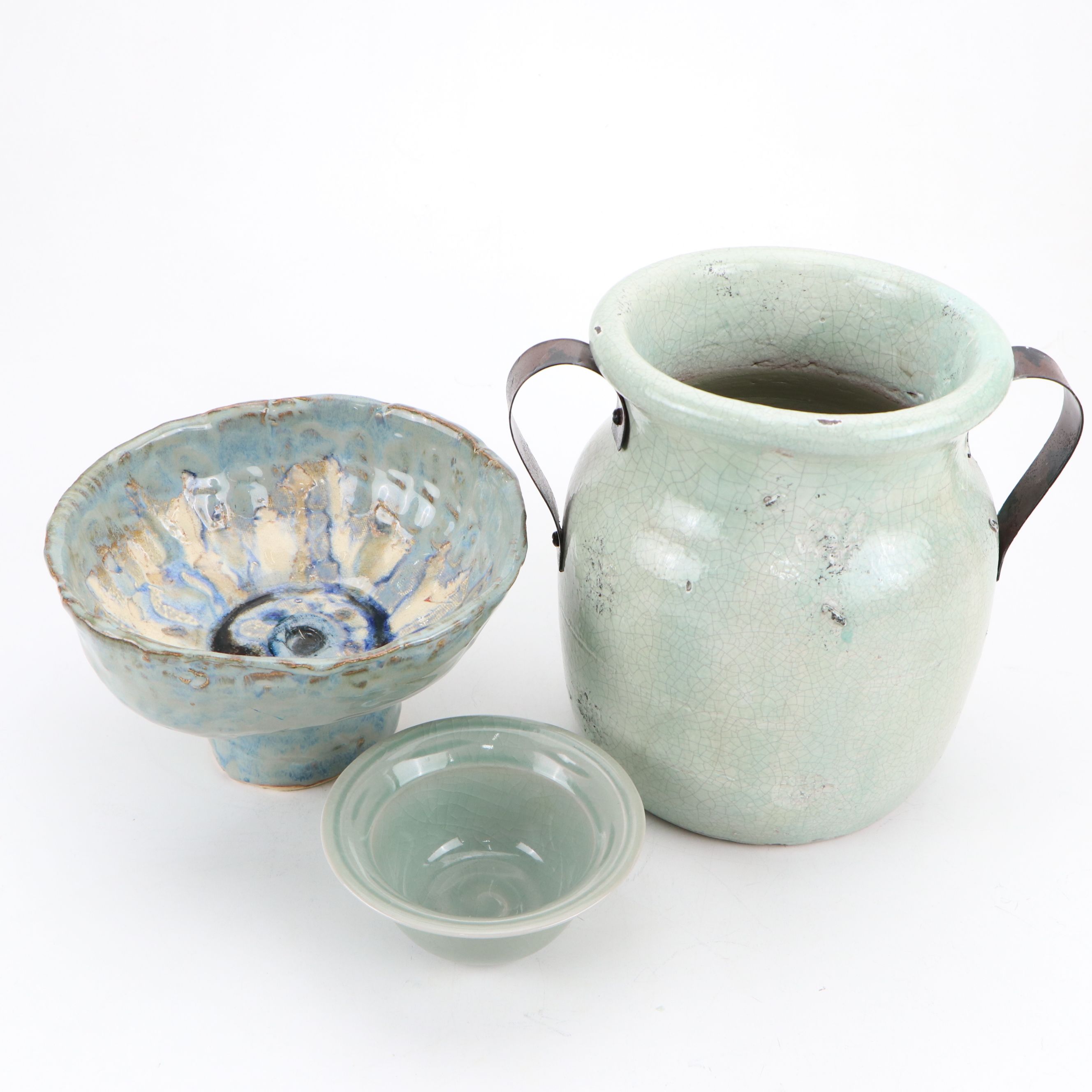 Studio Art Pottery Compote with Ceramic Crock and Simon Pearce Bowl