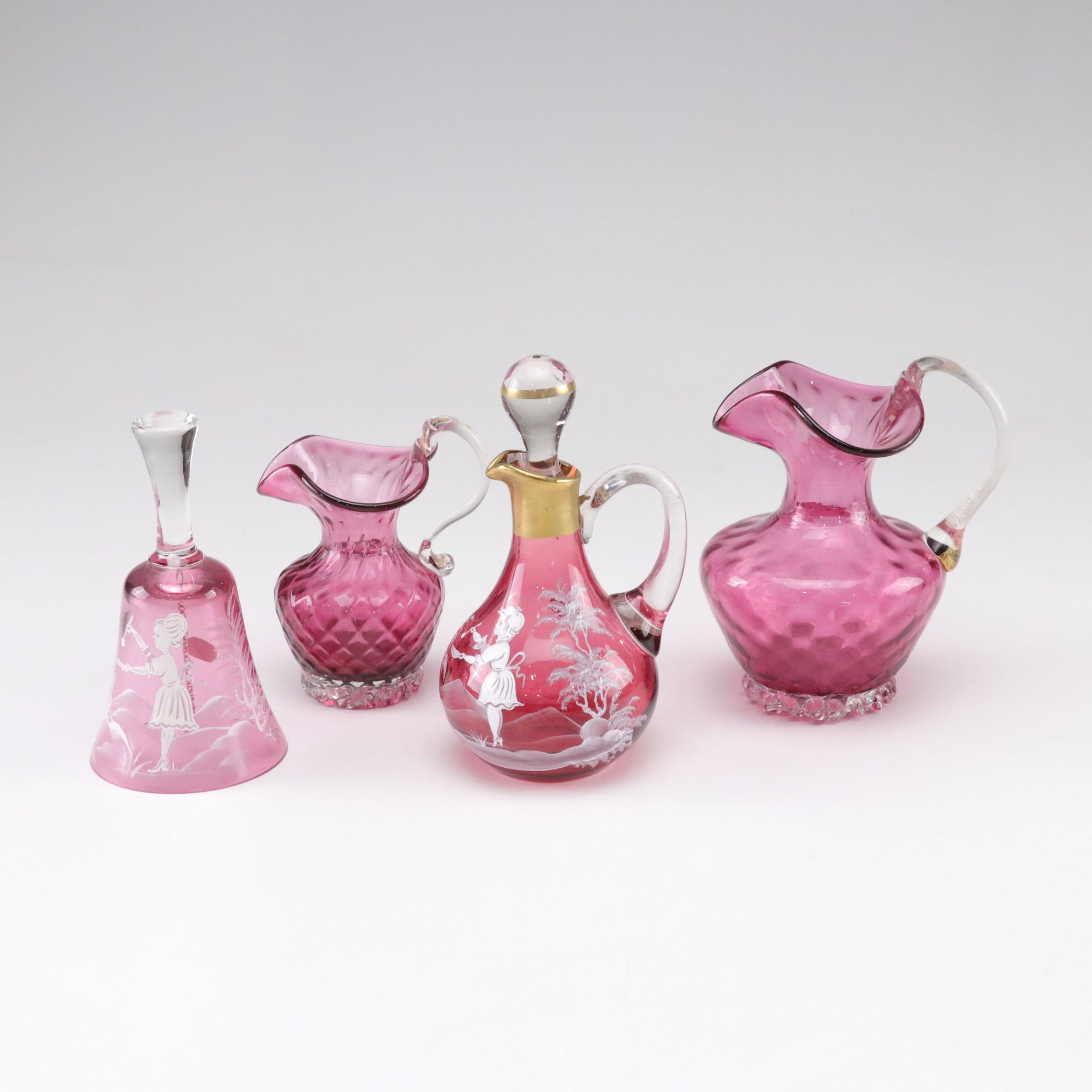 Mary Gregory Style Cranberry Glass Cruets, Pitchers & Bell