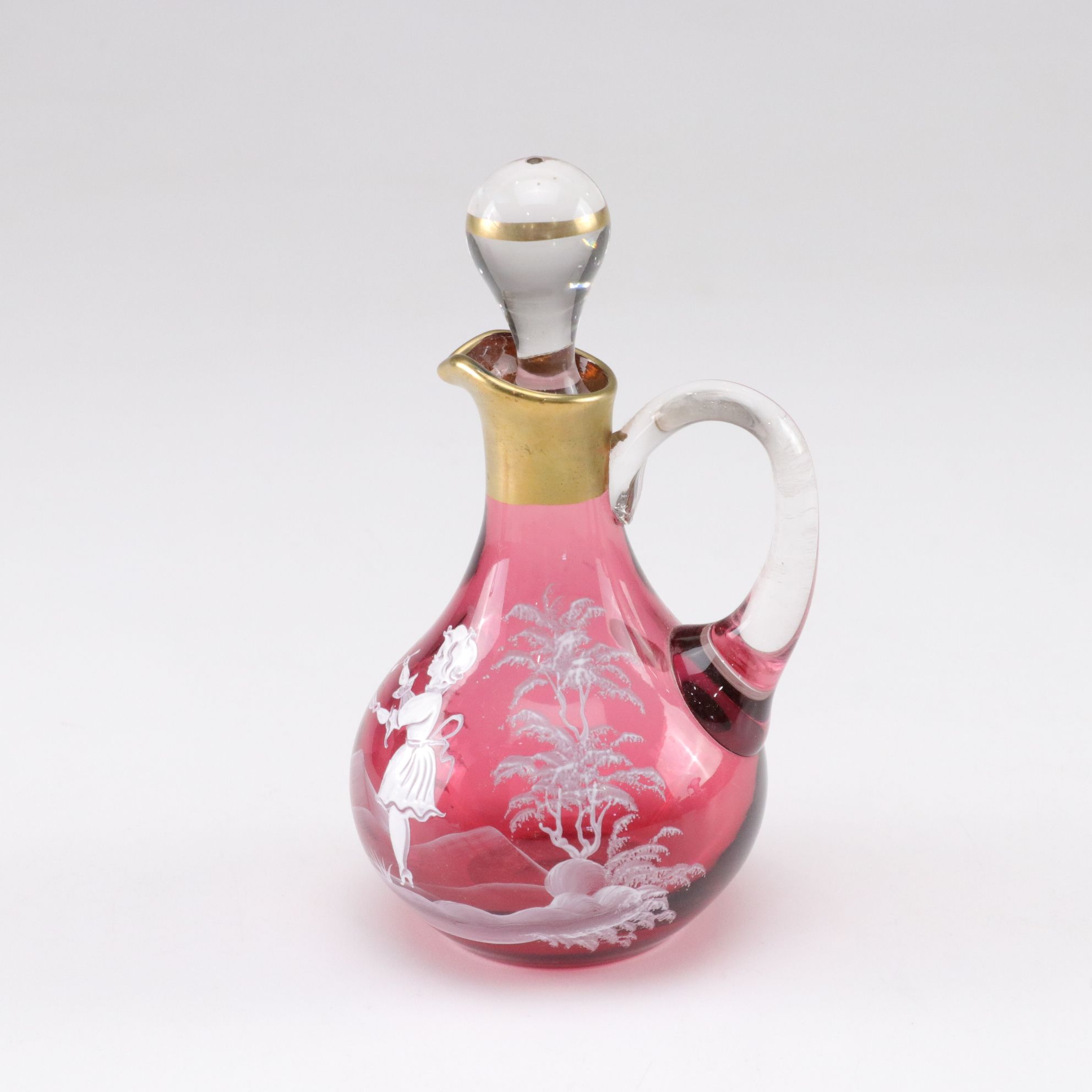 Mary Gregory Style Cranberry Glass Cruets, Pitchers & Bell