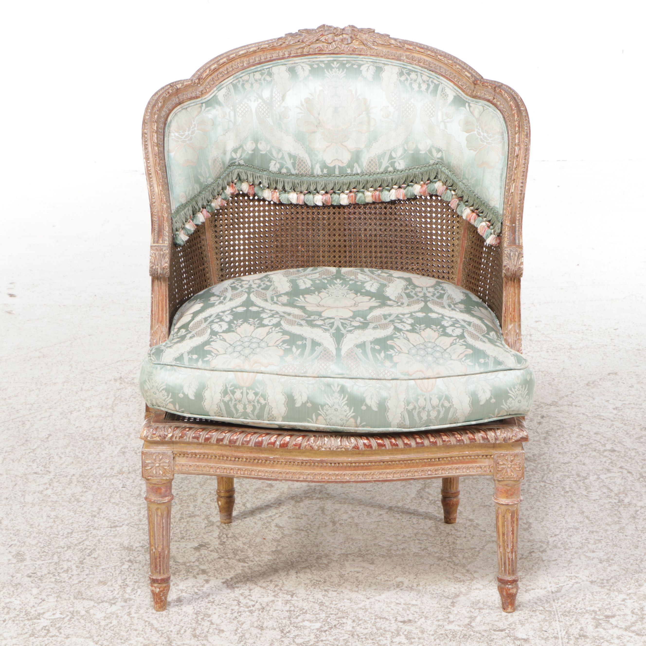 Louis XVI Can and Damask Upholstered Bergere