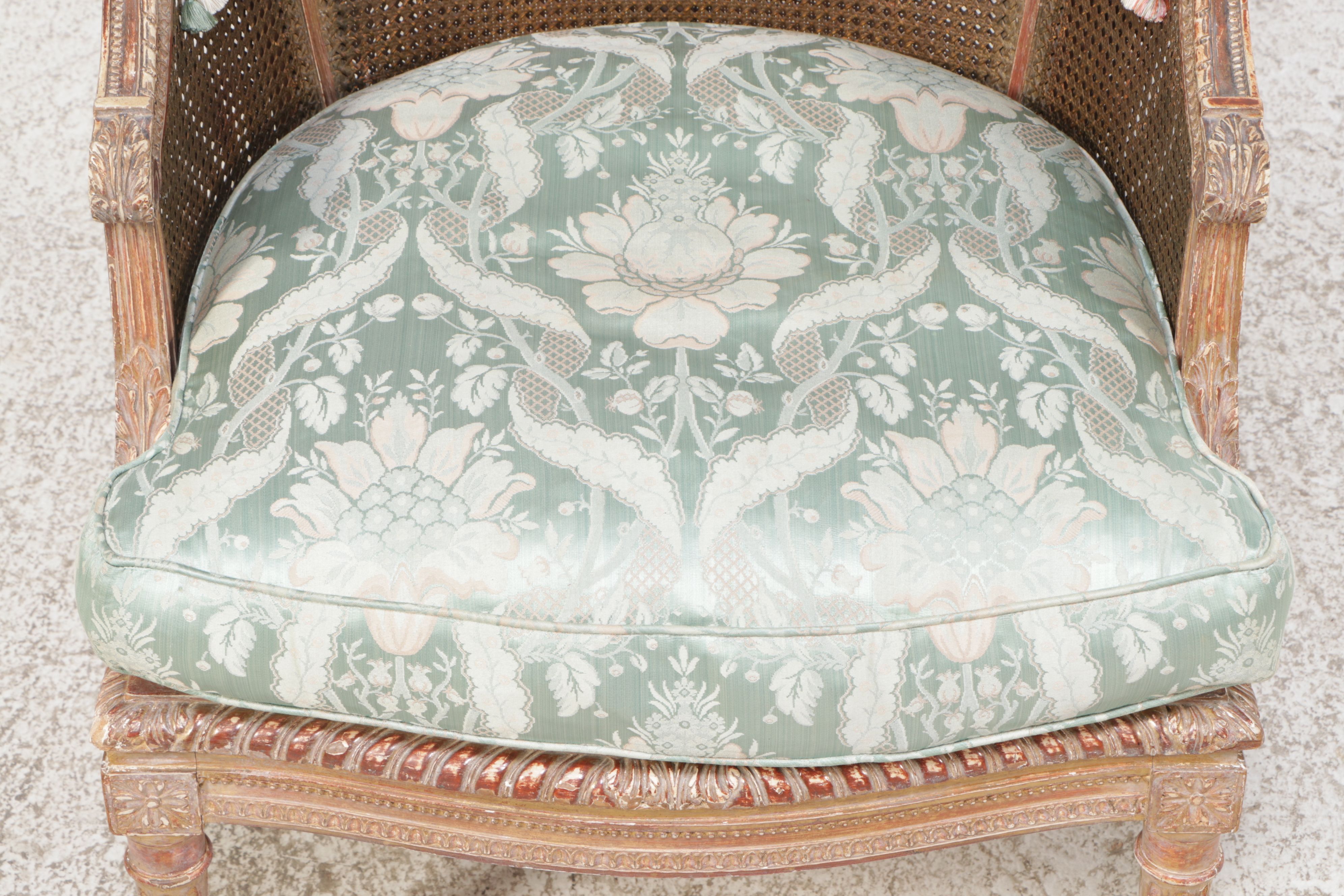 Louis XVI Can and Damask Upholstered Bergere