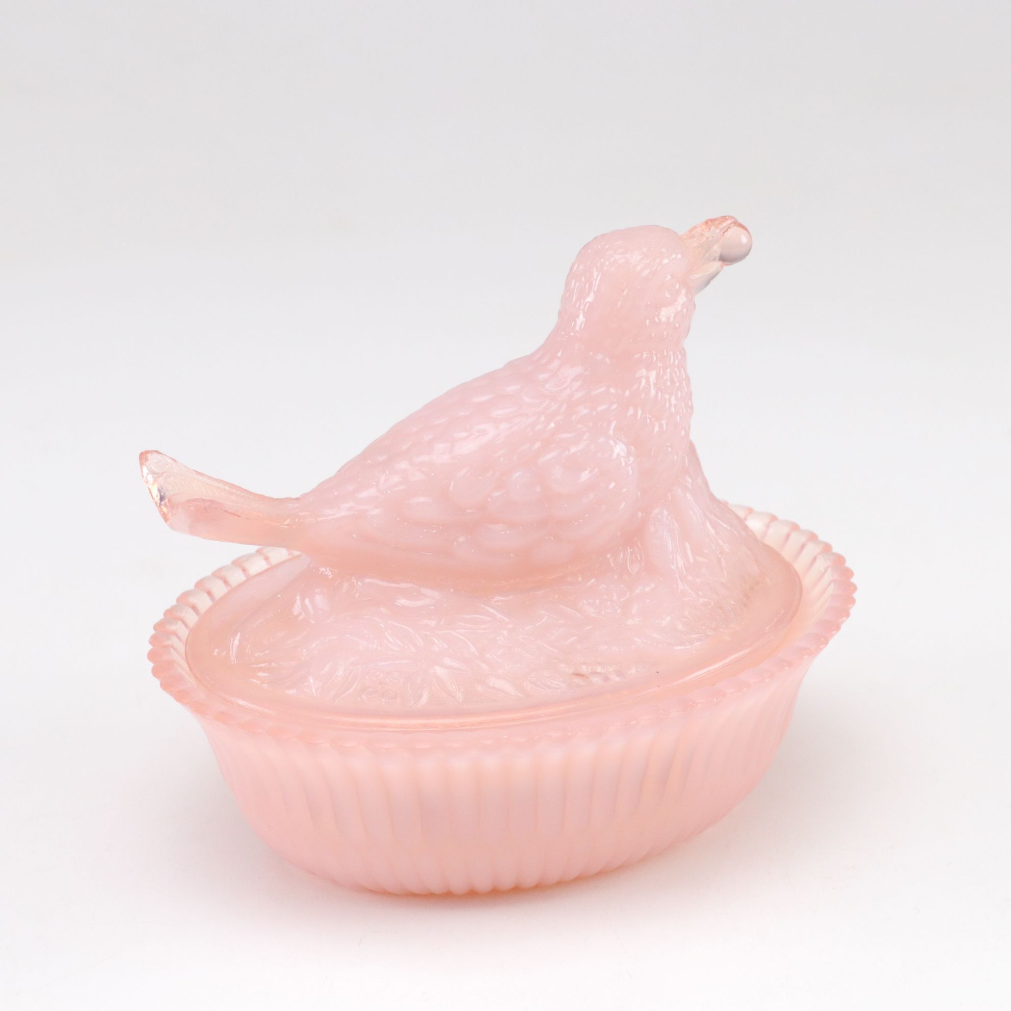 Degenhart Opaque Pink "Bird Nest" Covered Dish with Owl and Hen on Nest
