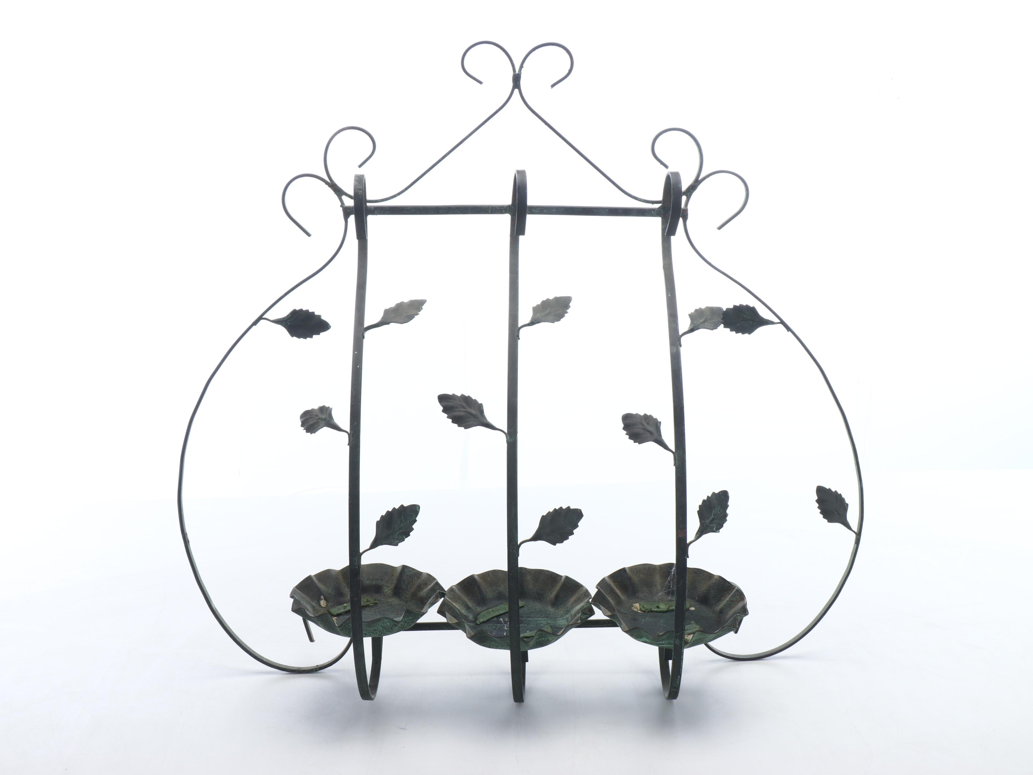Verdigris Metal Wall Mount Frame with Triple Pillar Candle Holder