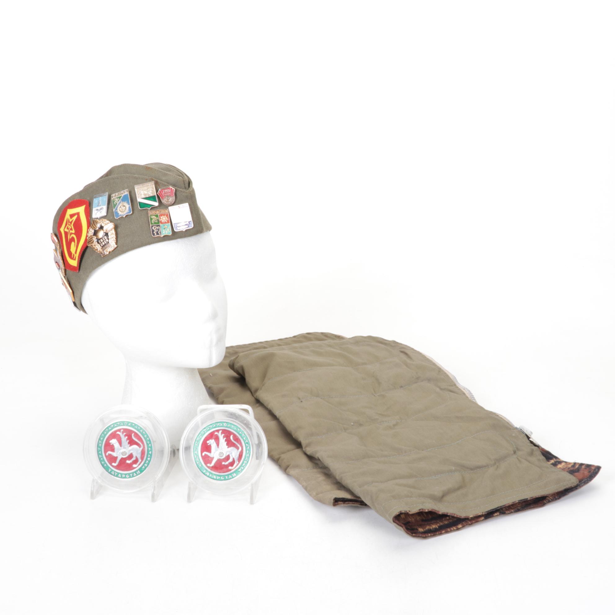 USSR Pilotka Field Cap With Soviet Era Replica Pins and Commemorative Coins