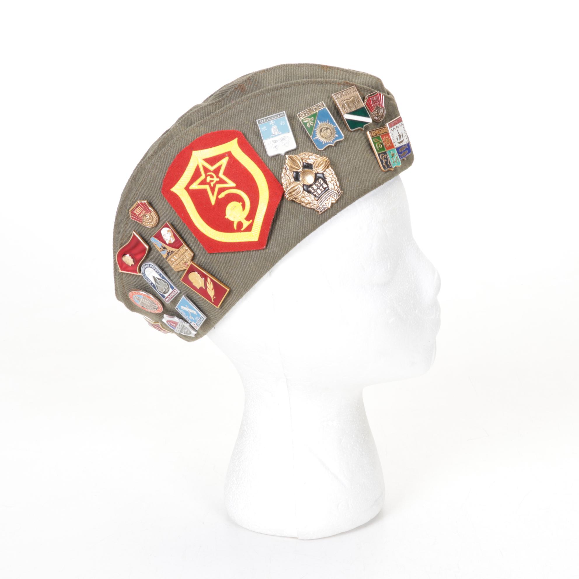 USSR Pilotka Field Cap With Soviet Era Replica Pins and Commemorative Coins