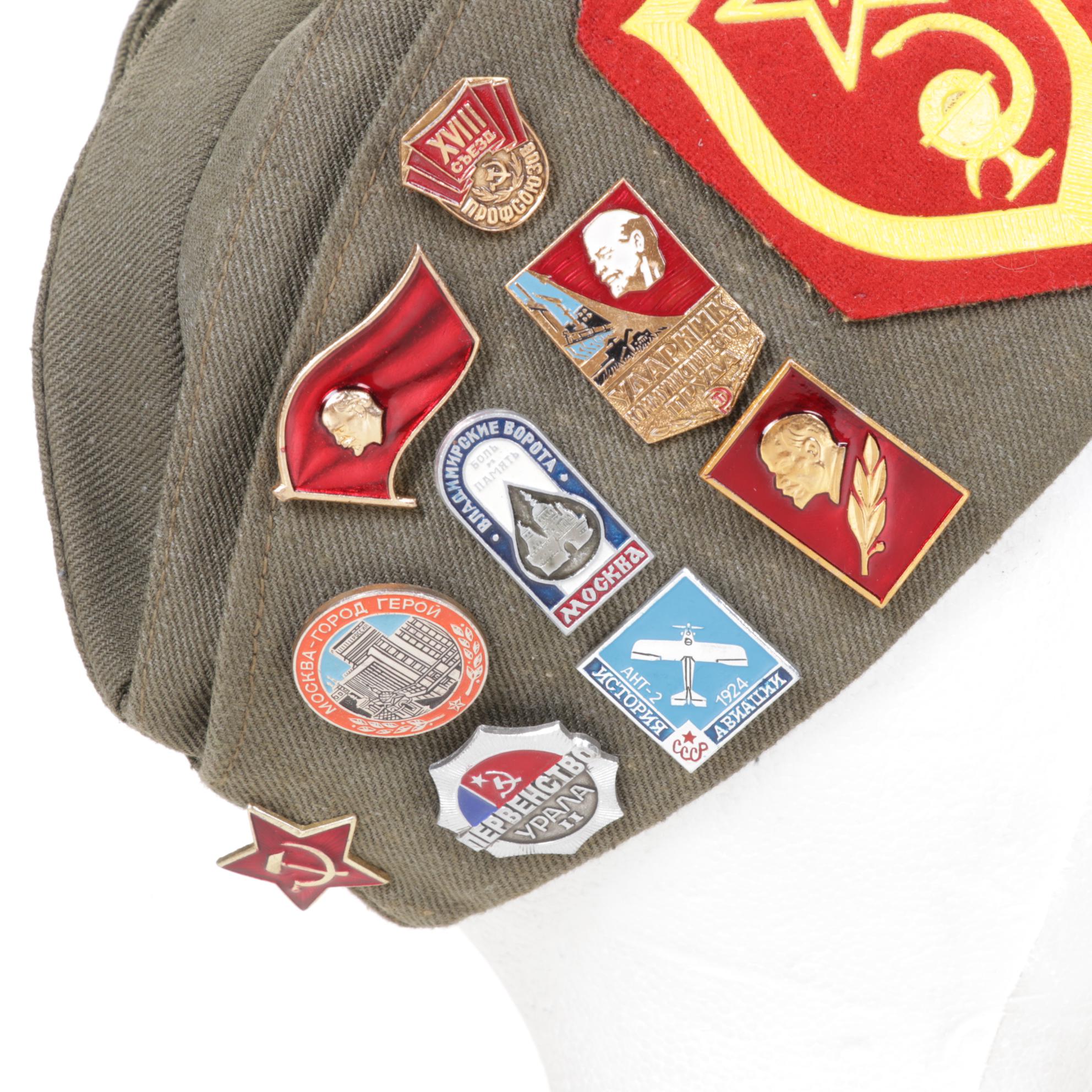 USSR Pilotka Field Cap With Soviet Era Replica Pins and Commemorative Coins