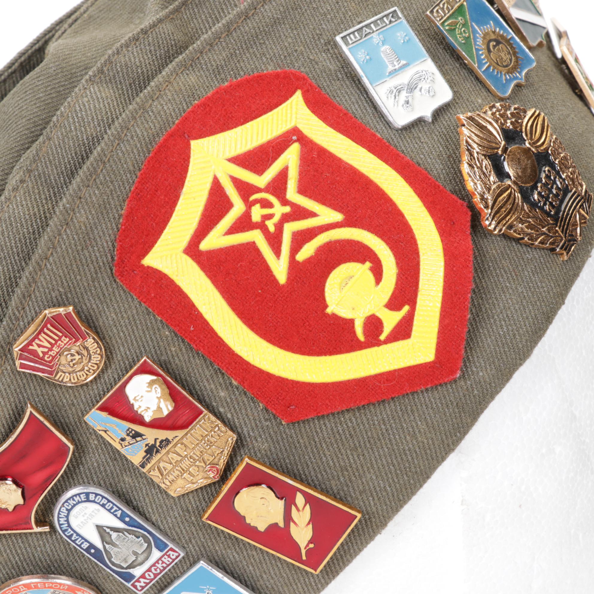 USSR Pilotka Field Cap With Soviet Era Replica Pins and Commemorative Coins