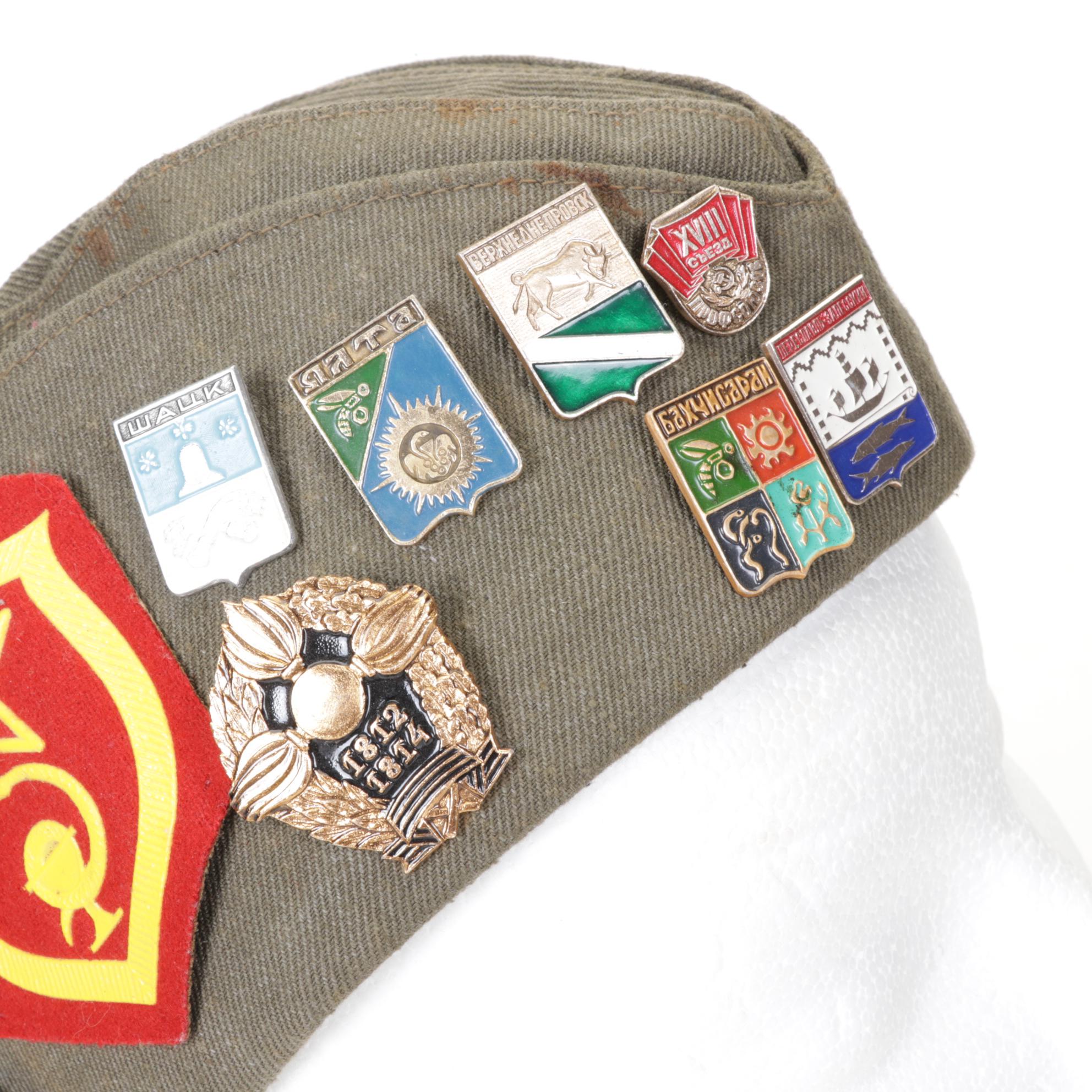 USSR Pilotka Field Cap With Soviet Era Replica Pins and Commemorative Coins