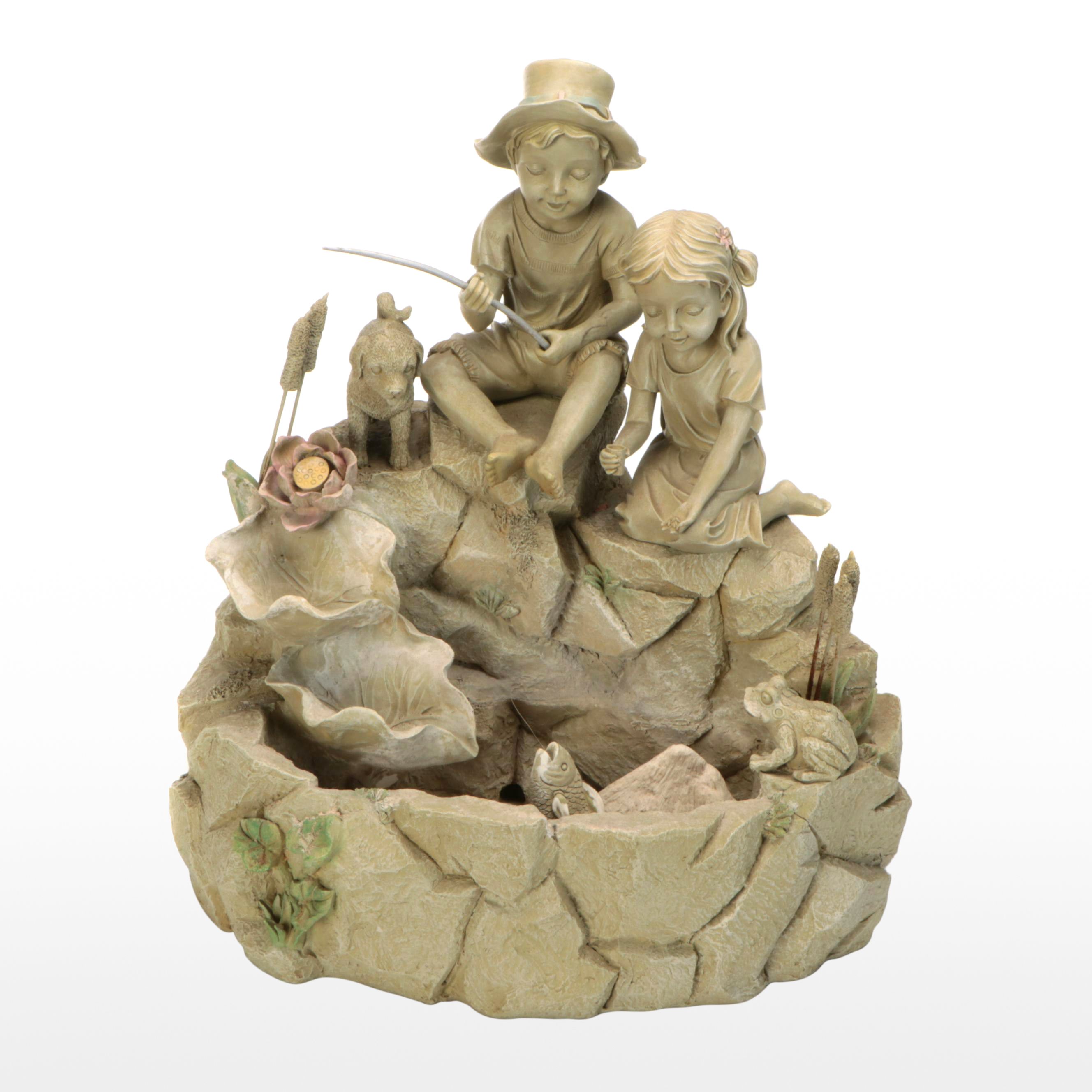 Figural Water Fountain of Two Children Fishing