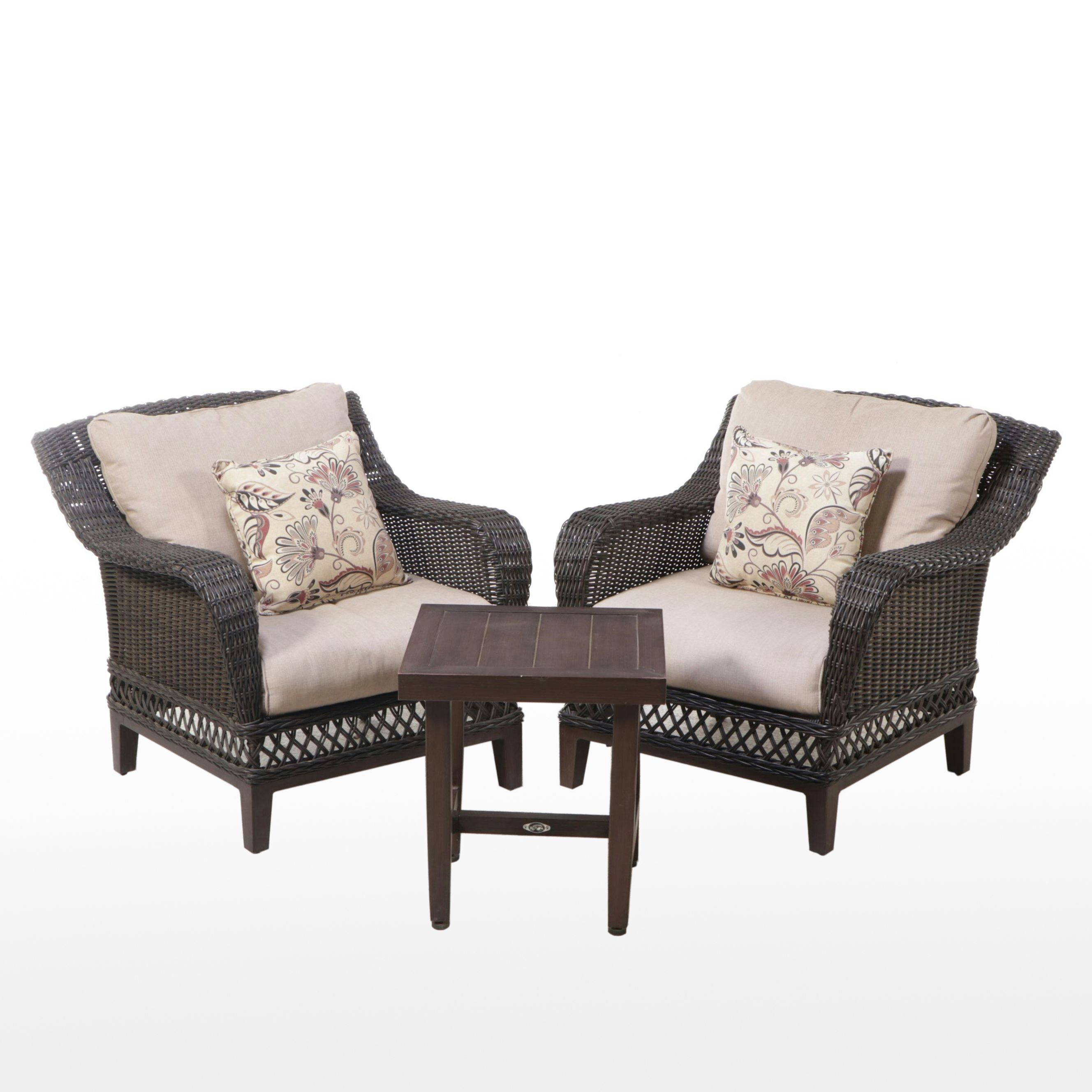 Pair of Hampton Bay Resin Wicker Patio Lounge Chairs with Accent Table