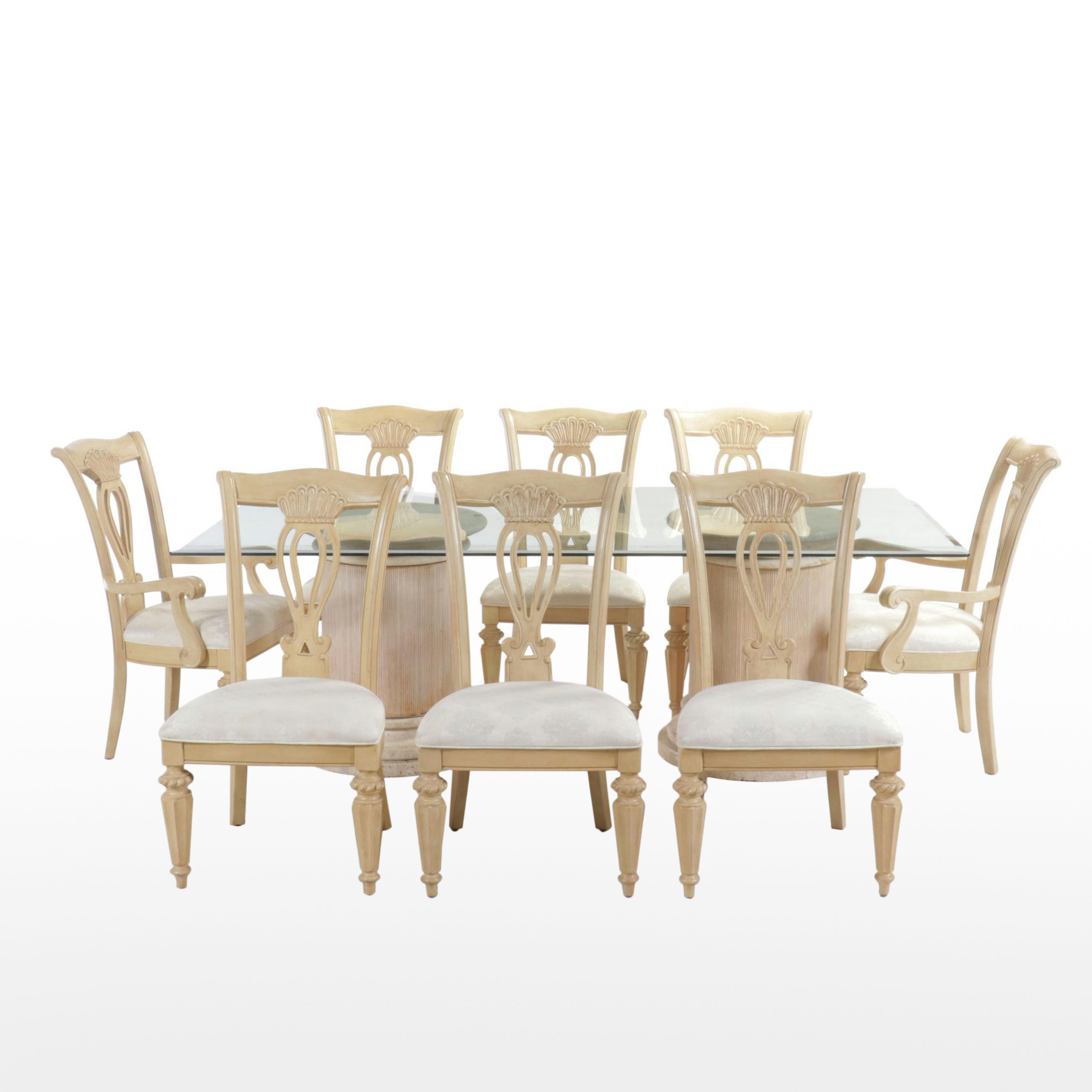 Nine Piece Dining Set Column Pedestal Dining Table with Glass Top