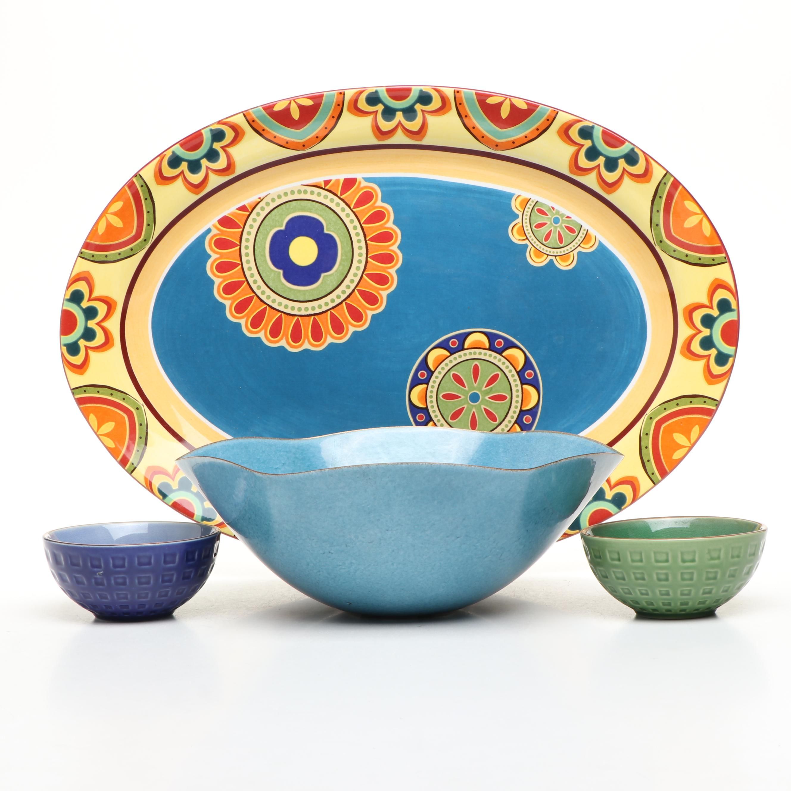 Pier 1 "Mexicali" Ceramic Tray with Nut Bowls and Other Enameled Copper Bowl