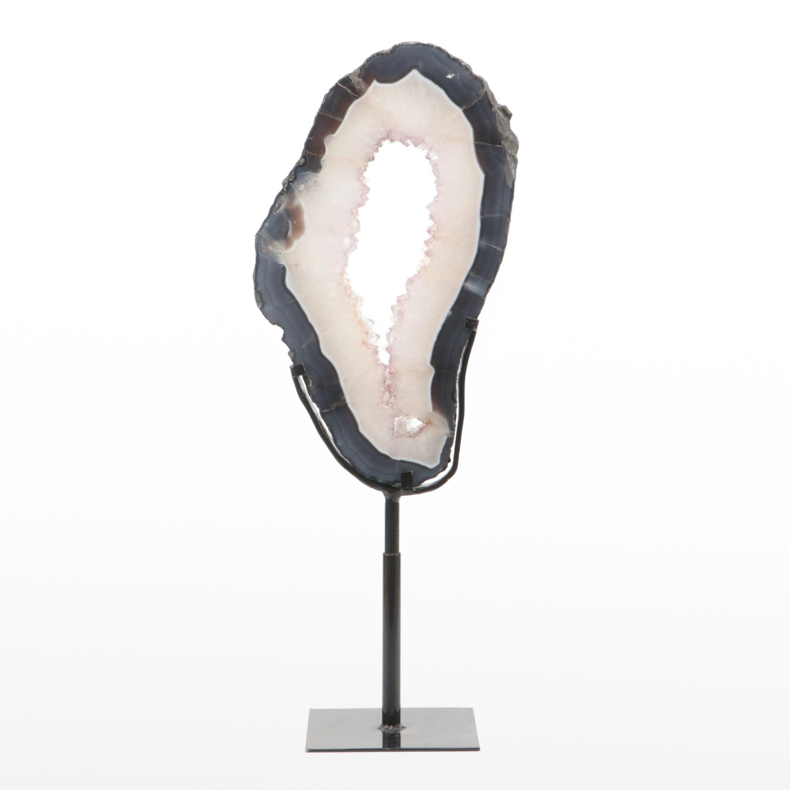 Geode with Agate and Dogtooth Calcite Slice with Metal Display Stand