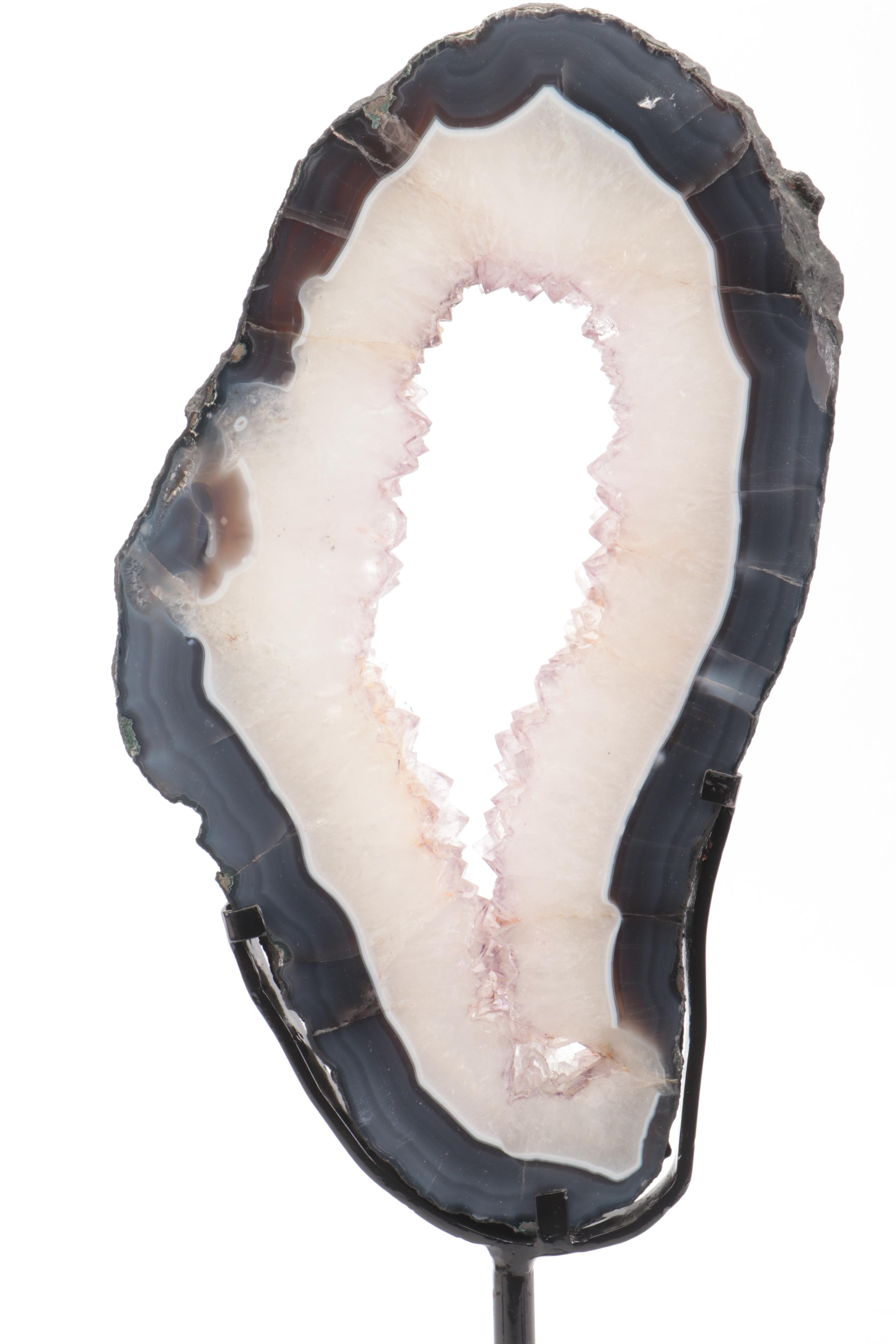 Geode with Agate and Dogtooth Calcite Slice with Metal Display Stand