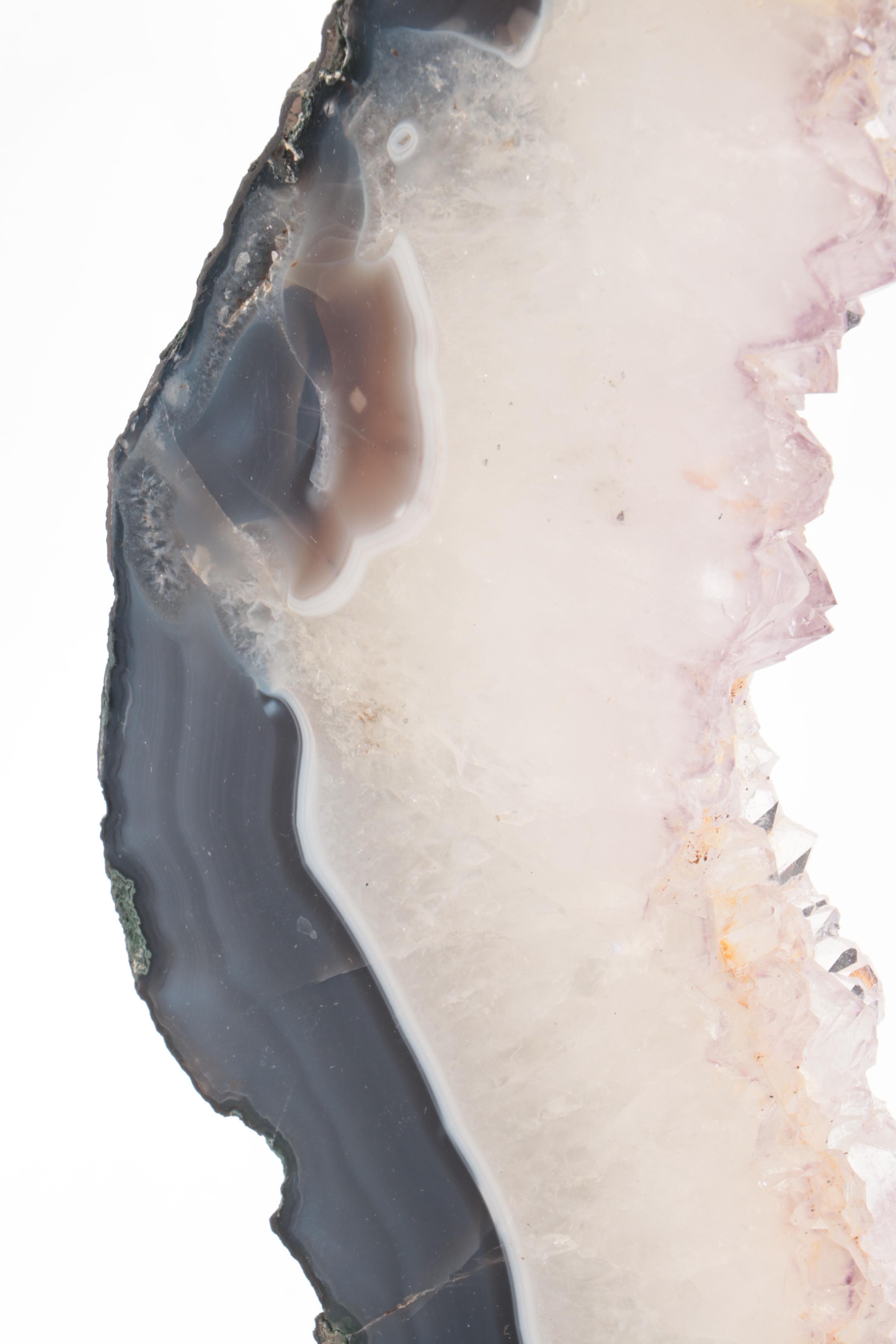 Geode with Agate and Dogtooth Calcite Slice with Metal Display Stand