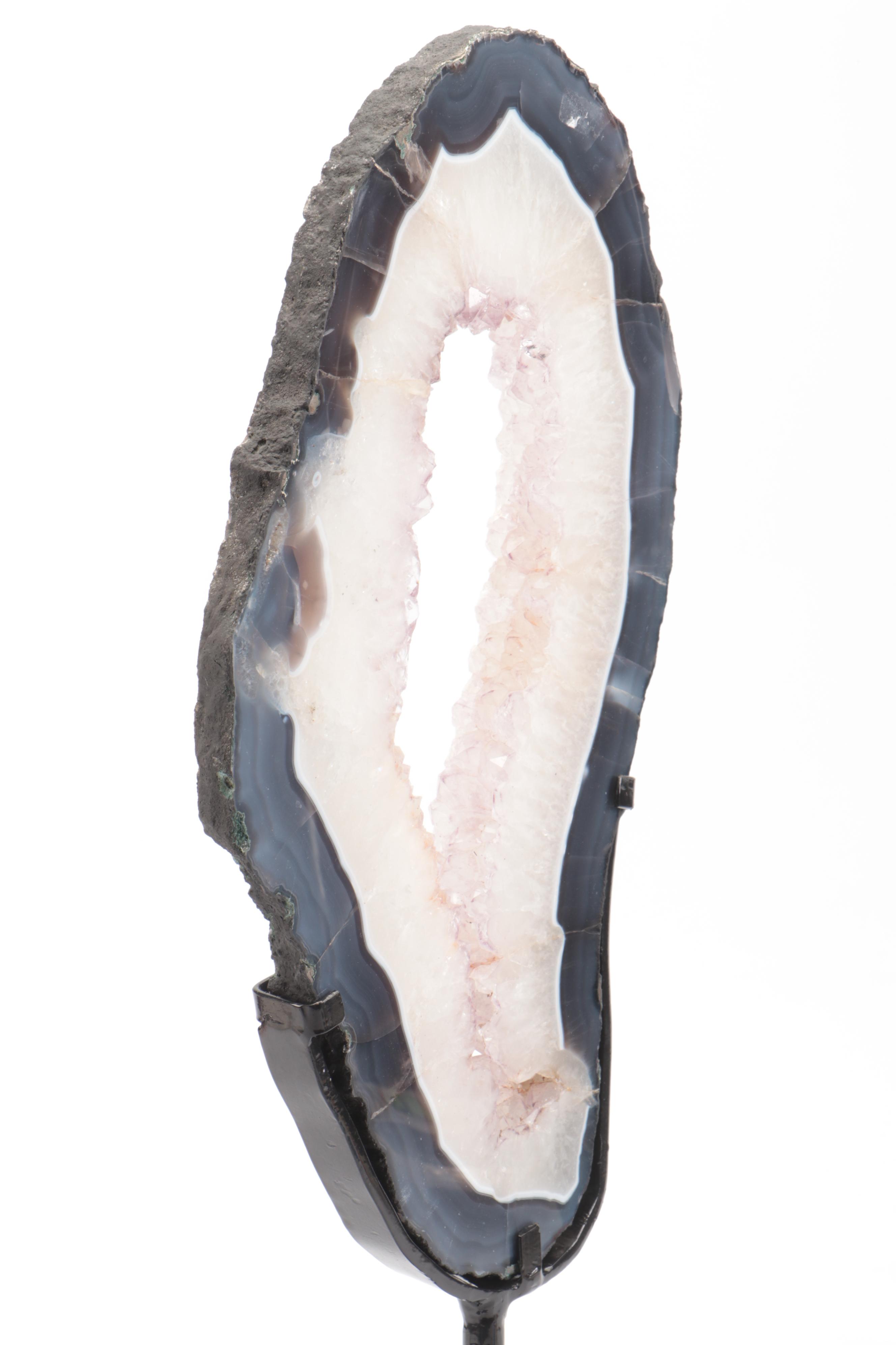 Geode with Agate and Dogtooth Calcite Slice with Metal Display Stand