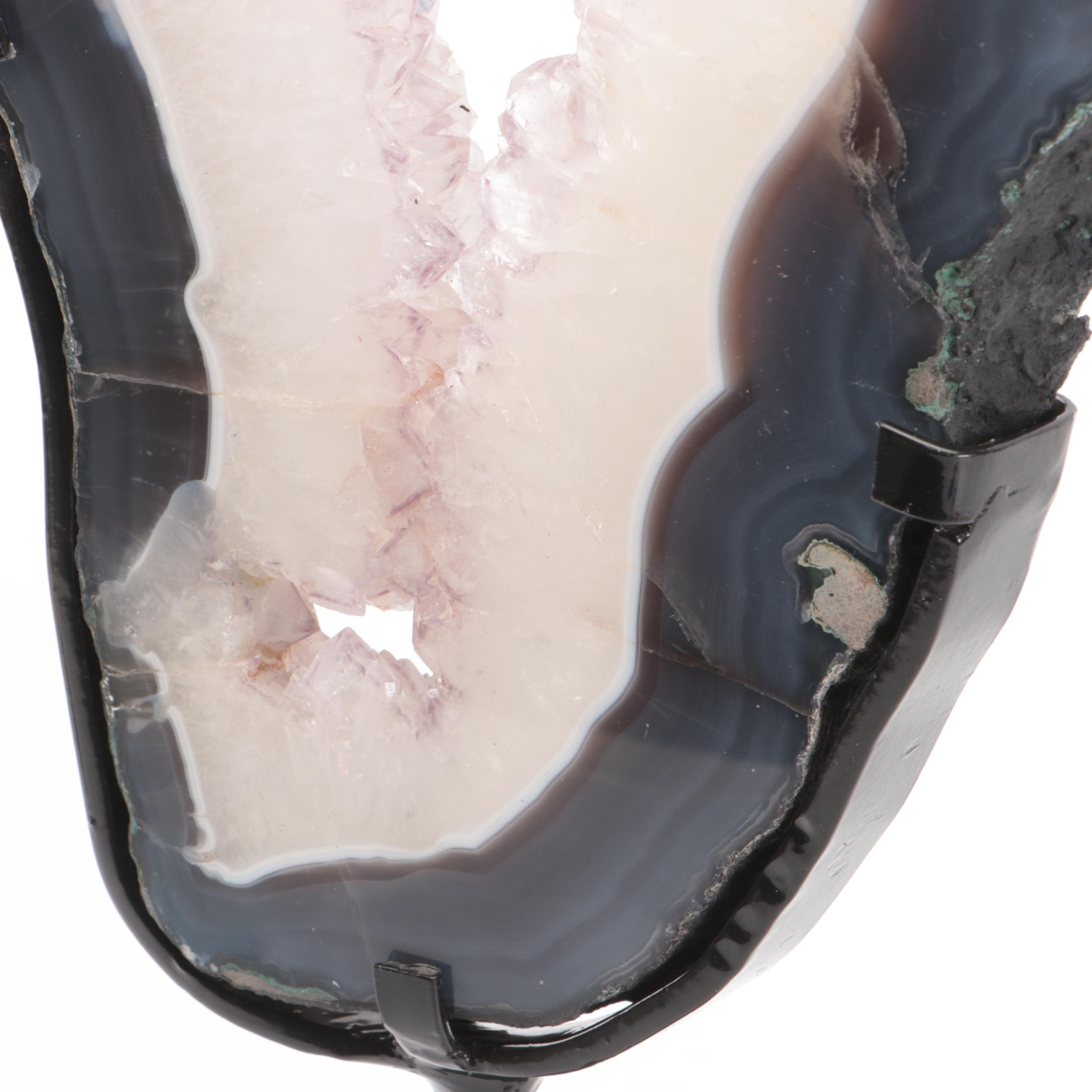 Geode with Agate and Dogtooth Calcite Slice with Metal Display Stand