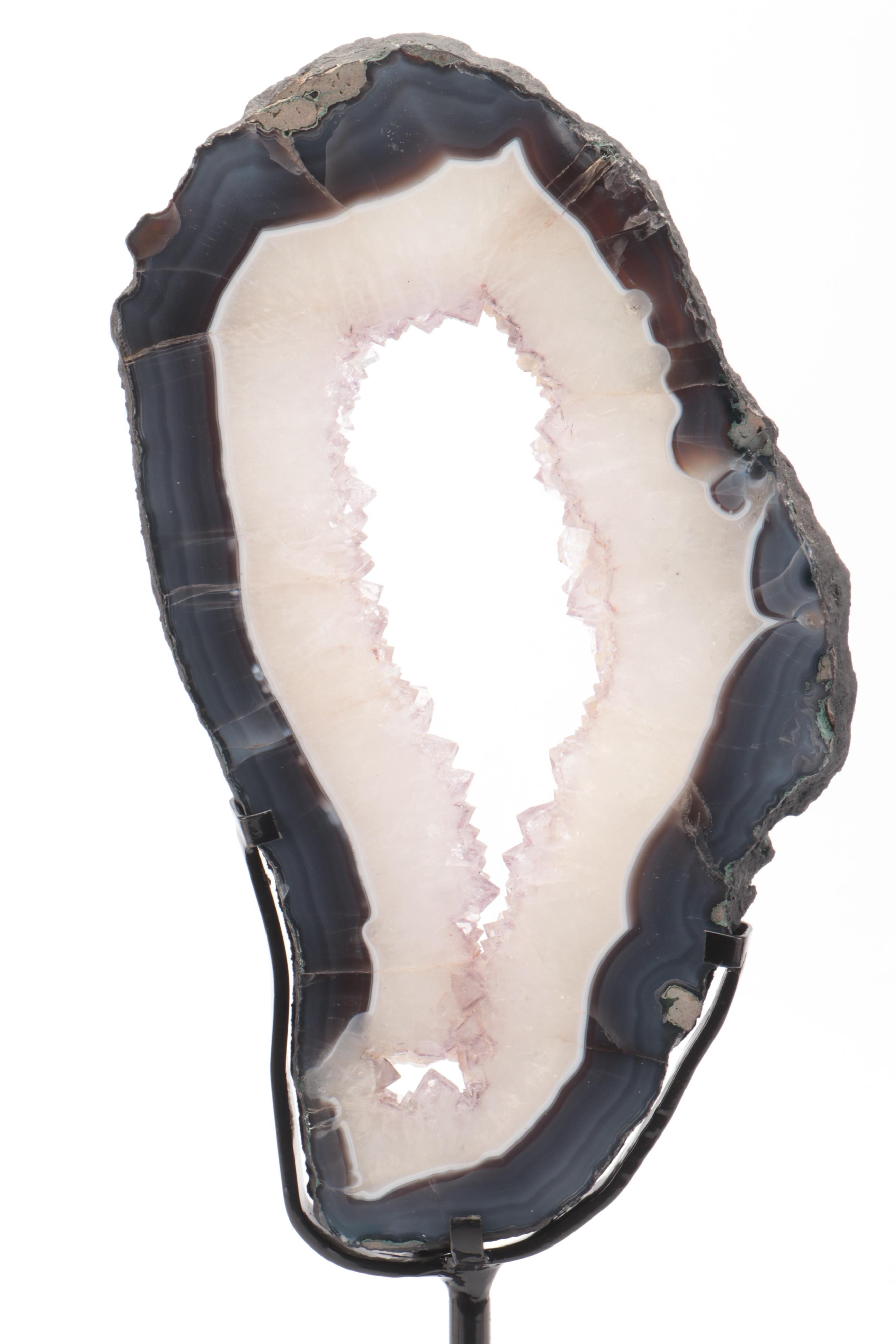 Geode with Agate and Dogtooth Calcite Slice with Metal Display Stand