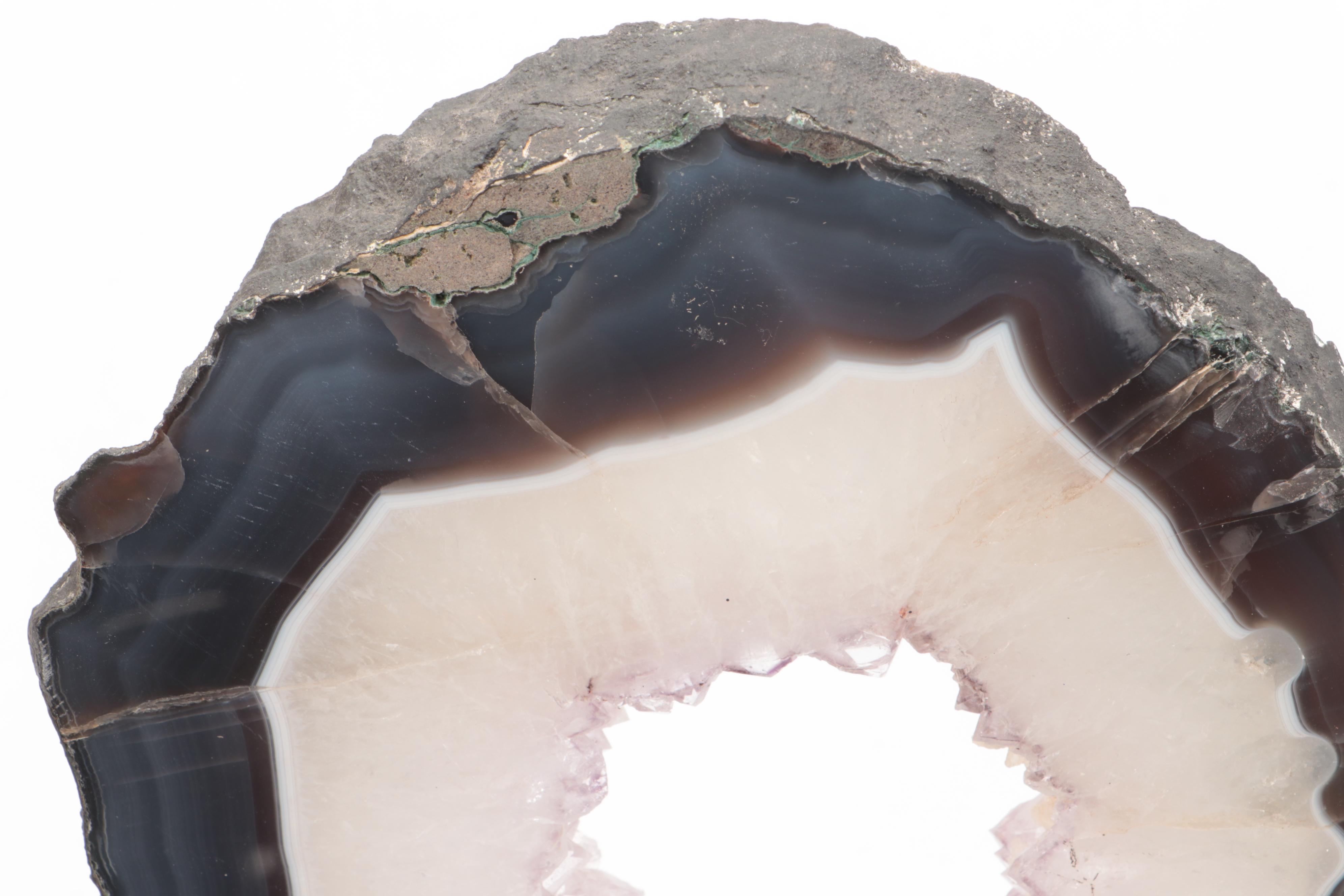 Geode with Agate and Dogtooth Calcite Slice with Metal Display Stand