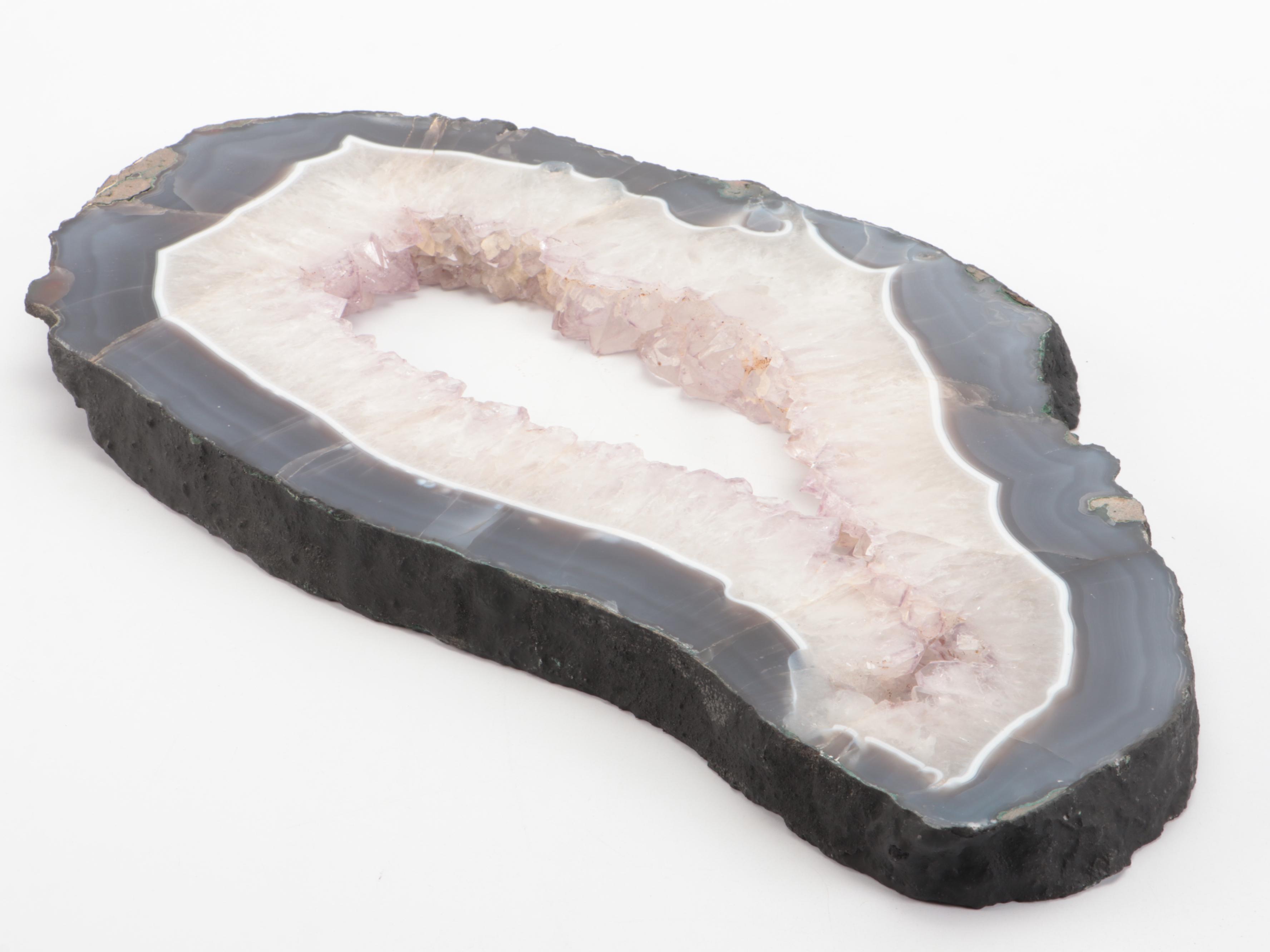 Geode with Agate and Dogtooth Calcite Slice with Metal Display Stand