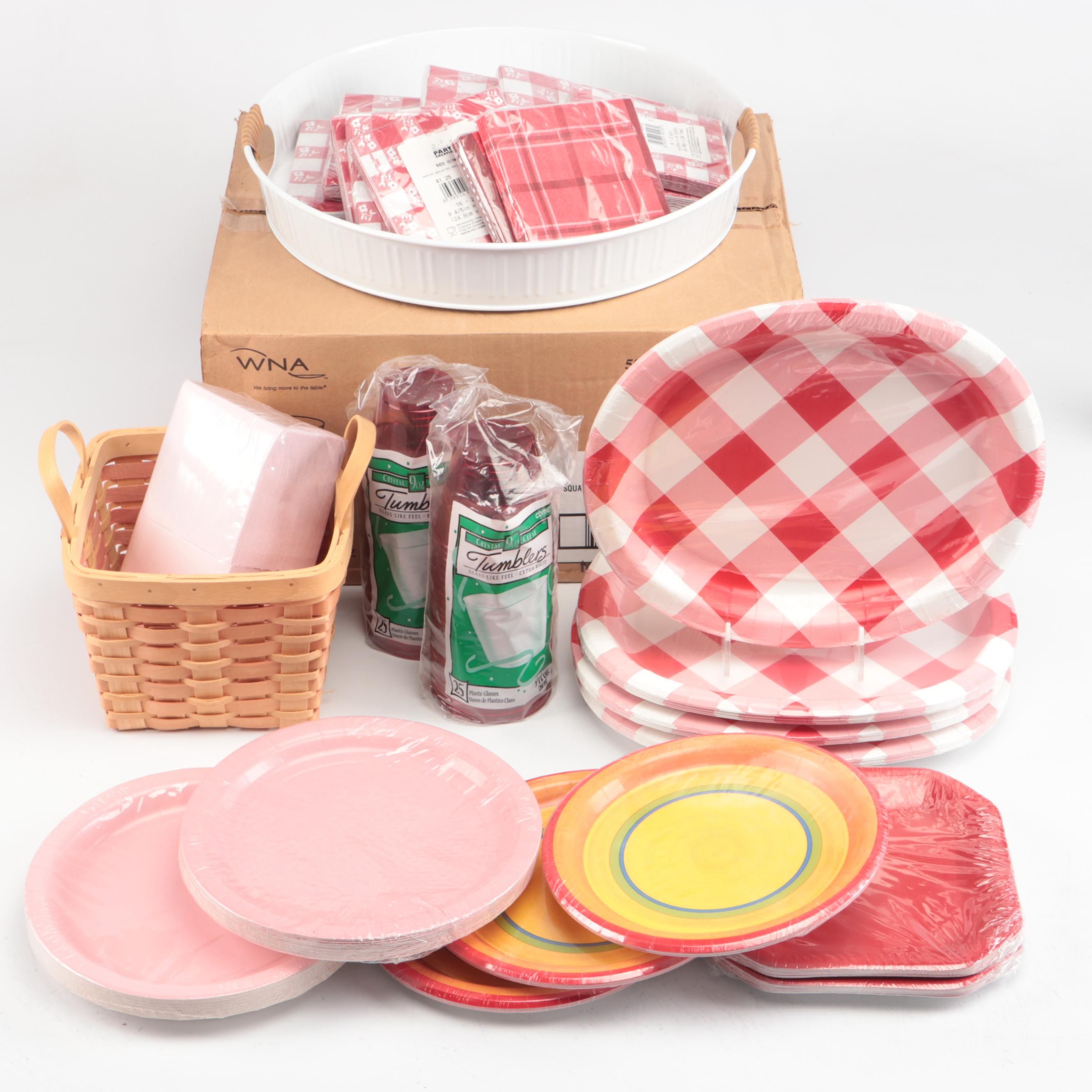 Red Plastic Tumblers with Paper Plates and Other Party Supplies