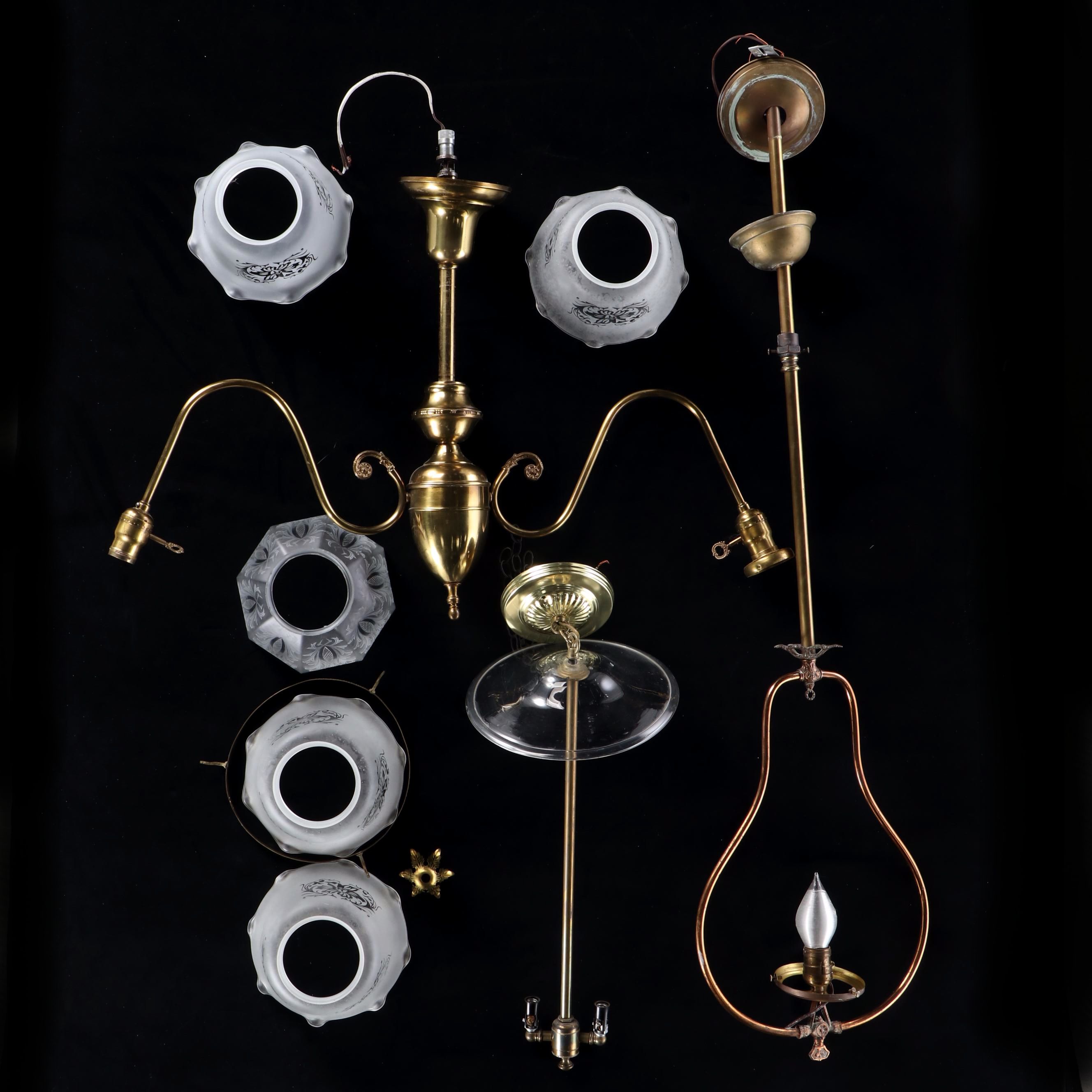 Victorian Style Brass and Satin Glass Pendants and Chandelier