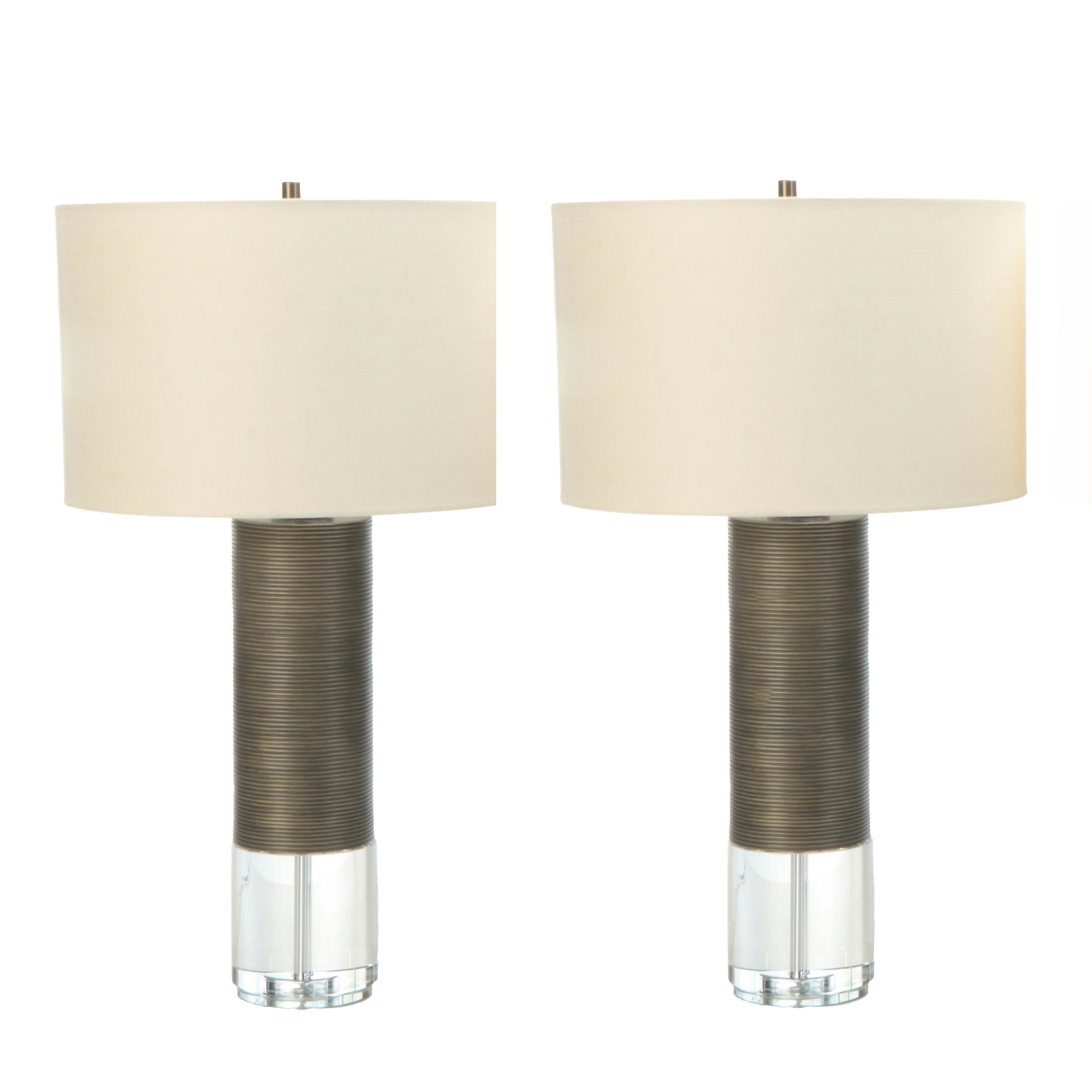 Pair of Glass and Bronzed Resin Pillar Table Lamps with Drum Shades