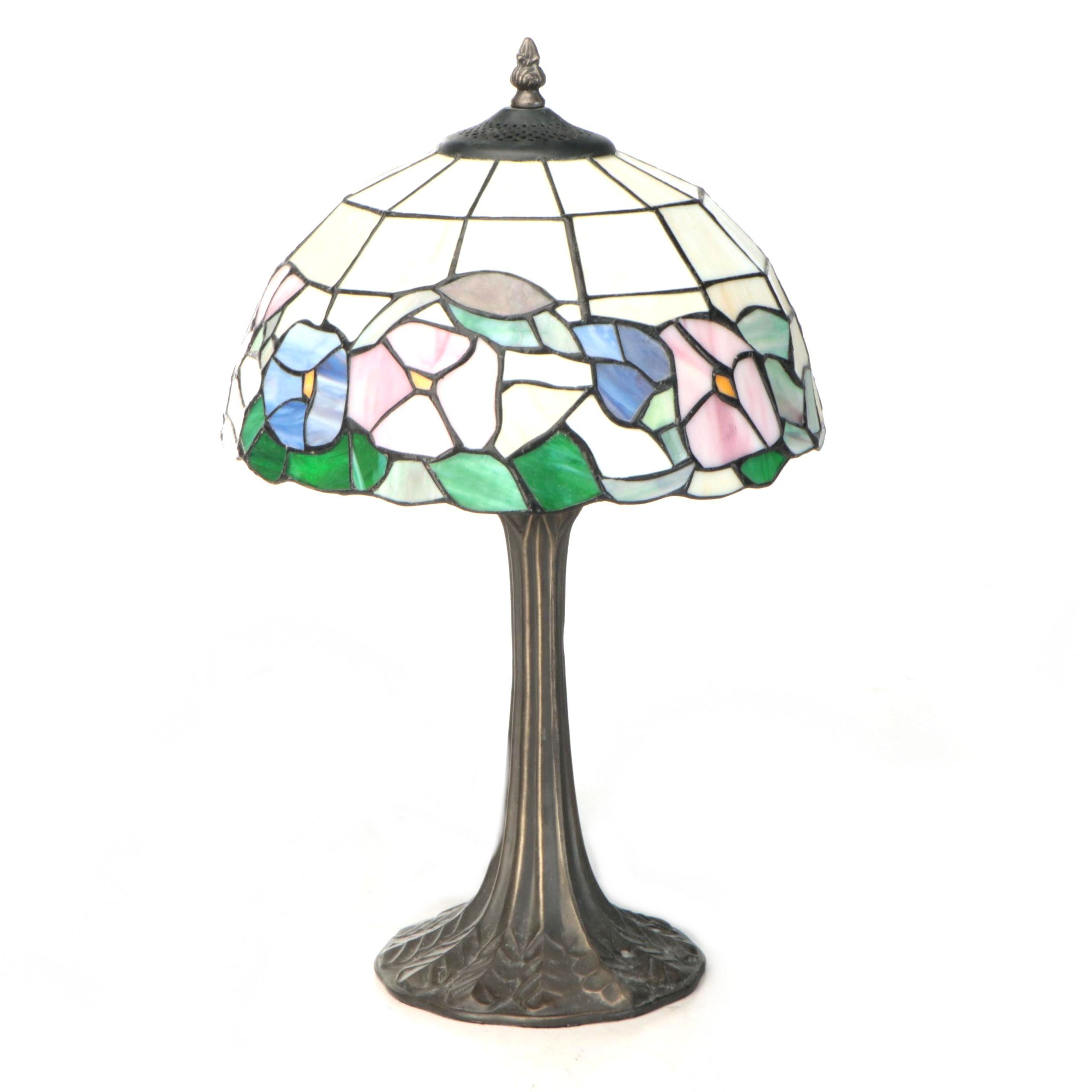 Art Nouveau Style Table Lamp with Morning Glory Slag Glass Shade