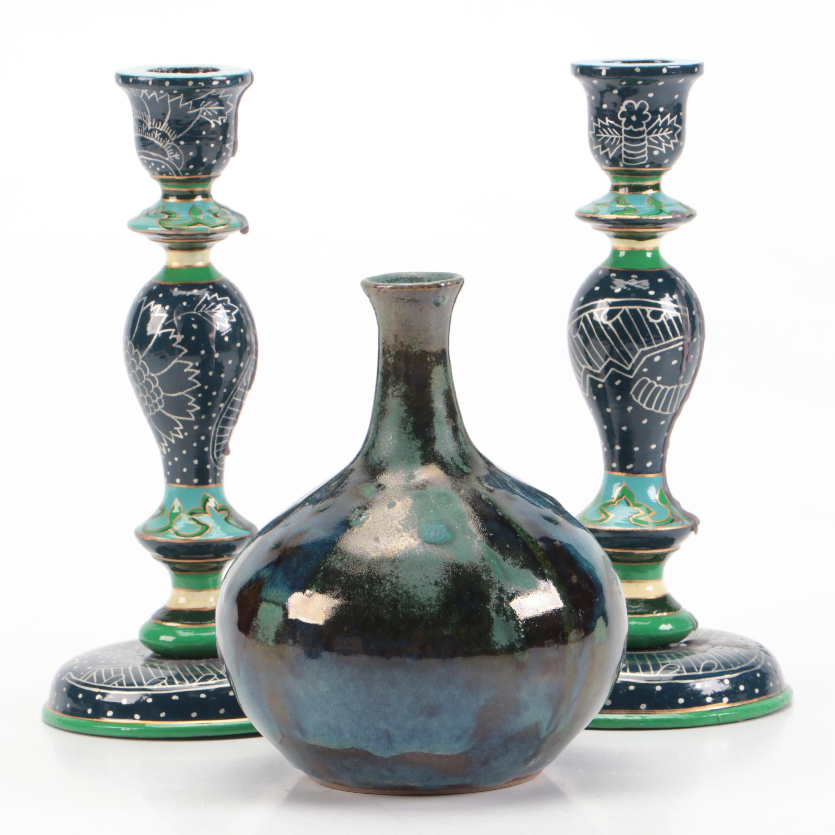 Blue and Green Floral Wood Candlesticks with Salt Glazed Stoneware Vase