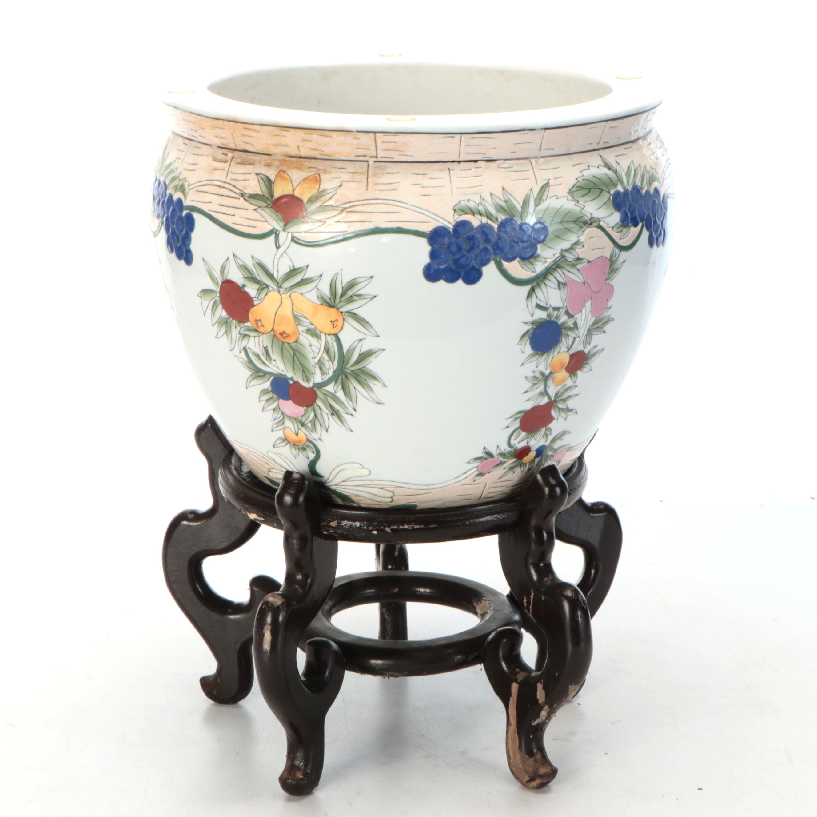 Chinese Hand-Decorated Porcelain Fishbowl Planter with Stand