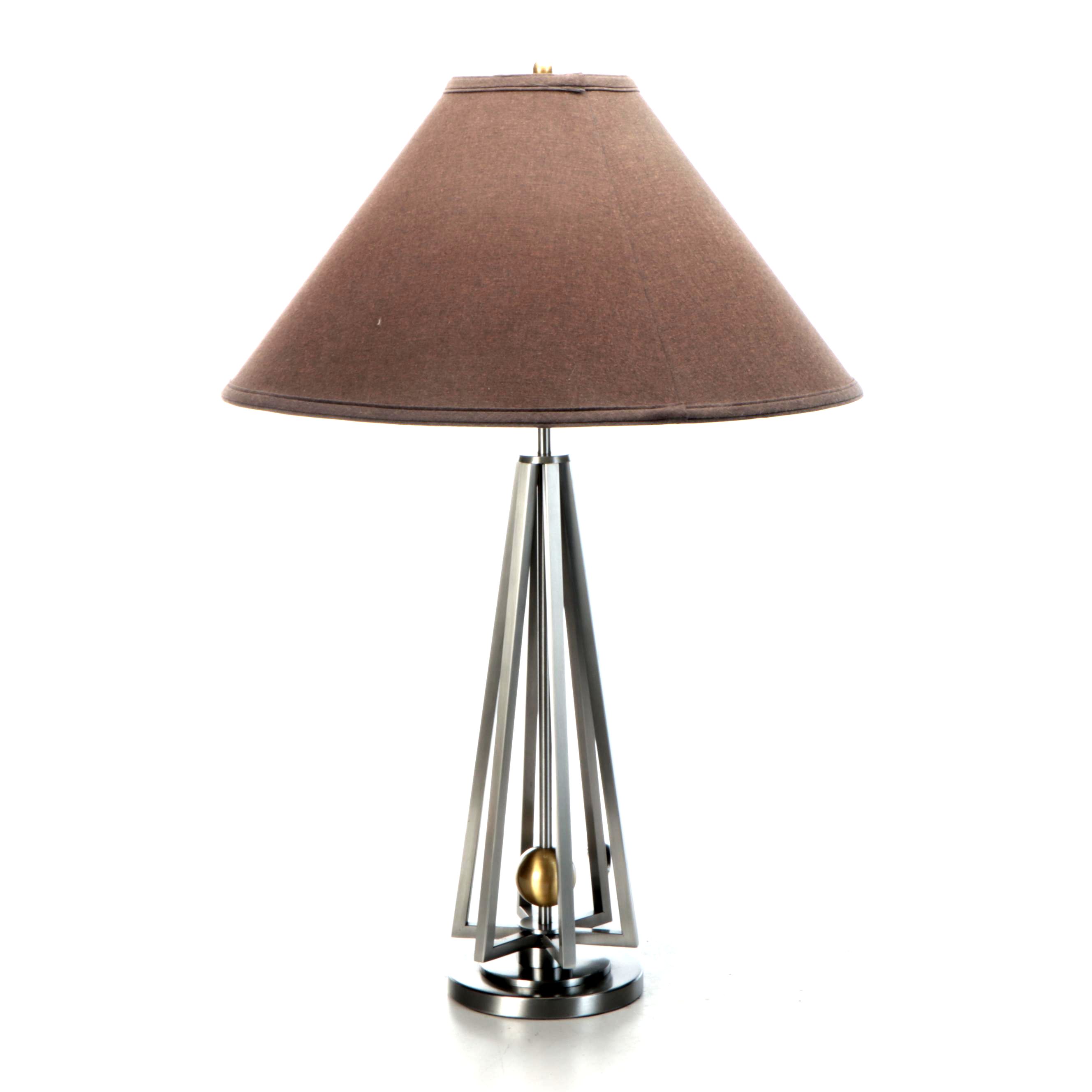 Postmodern Satin Pewter and Gold Finish Table Lamp with Dark Cotton Shade