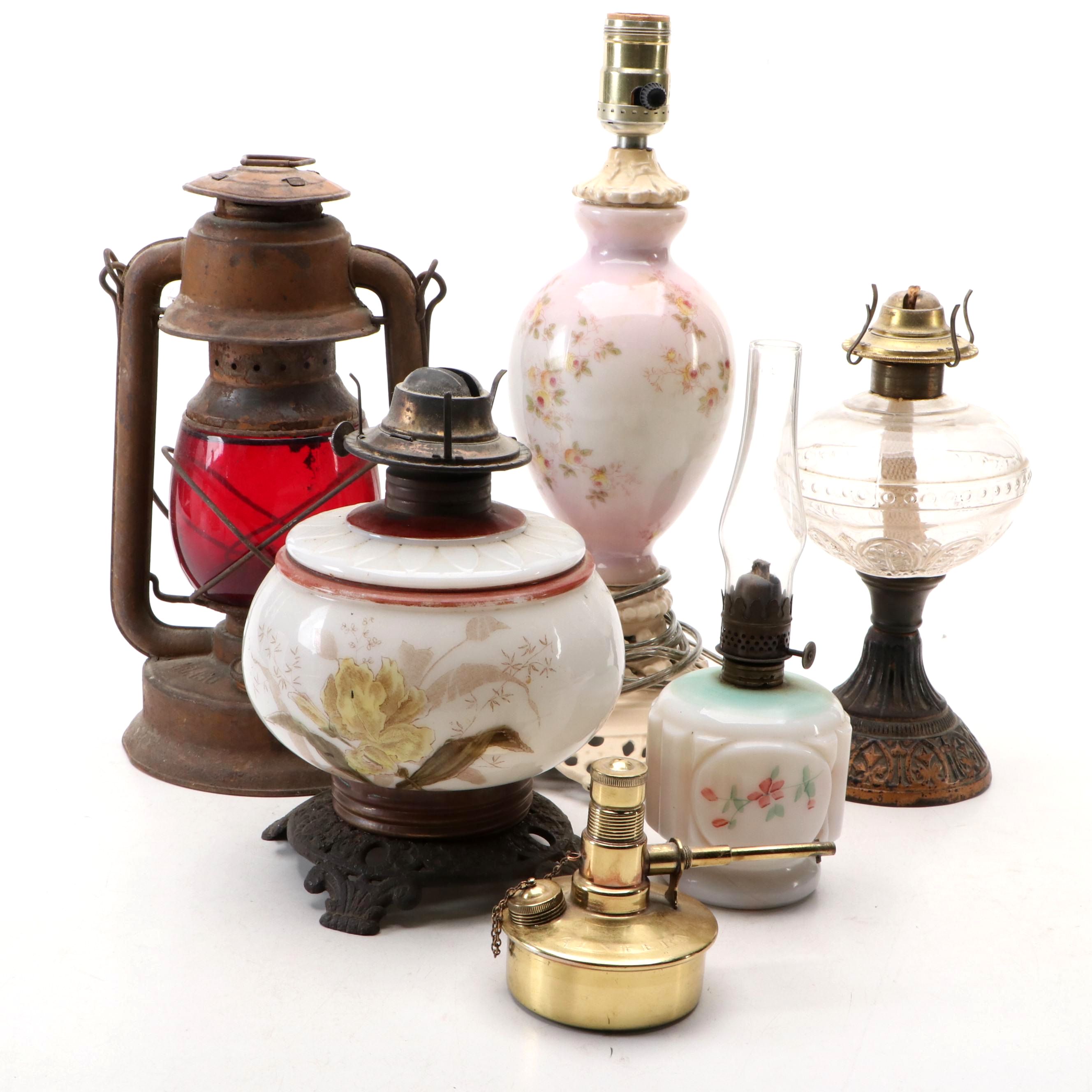 Porcelain & Glass Kerosene Lamps, S. Sternau Brass Sterno and Table Lamp