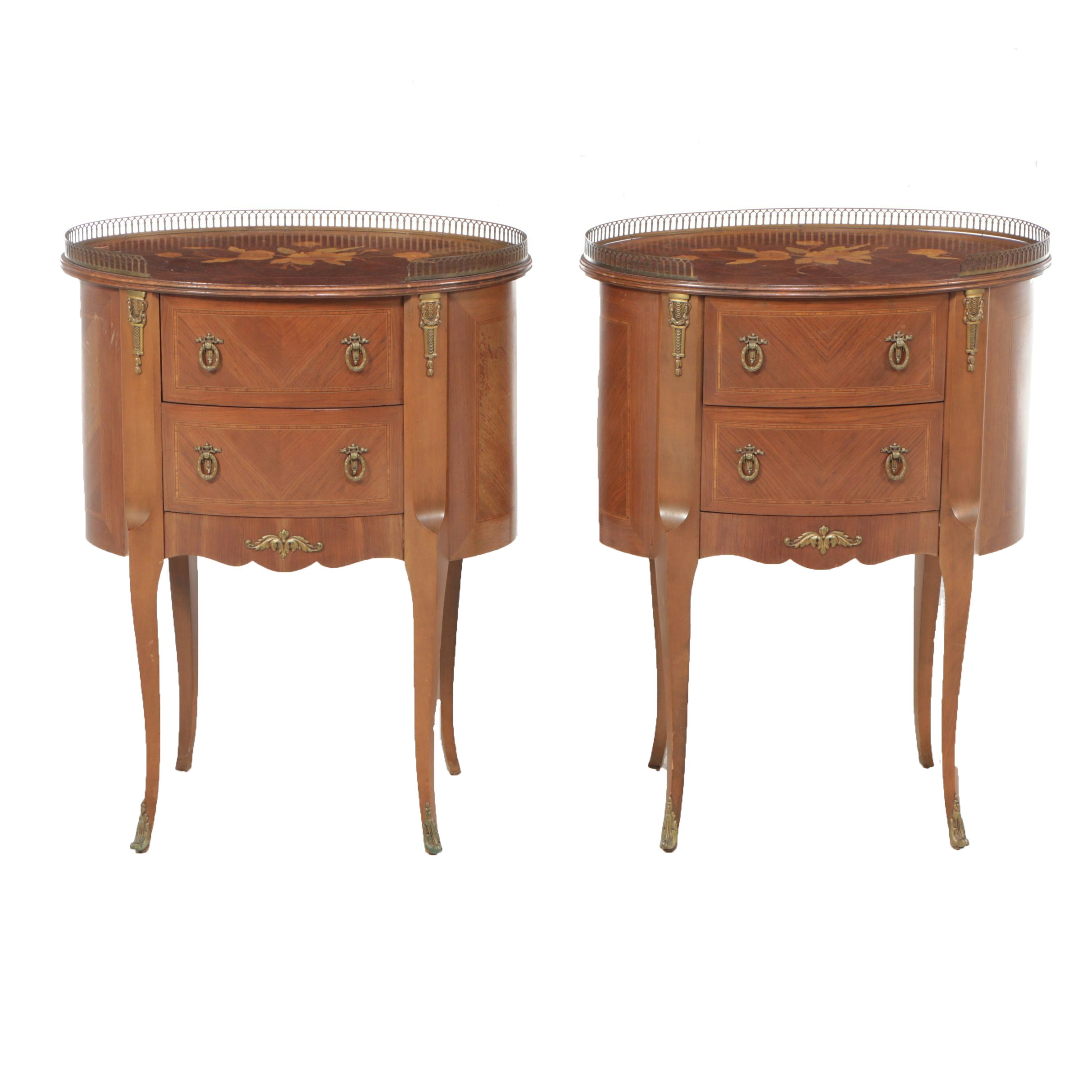 Pair of Louis XV Style Gallery Top and Marquetry Inlaid Fruitwood Nightstands