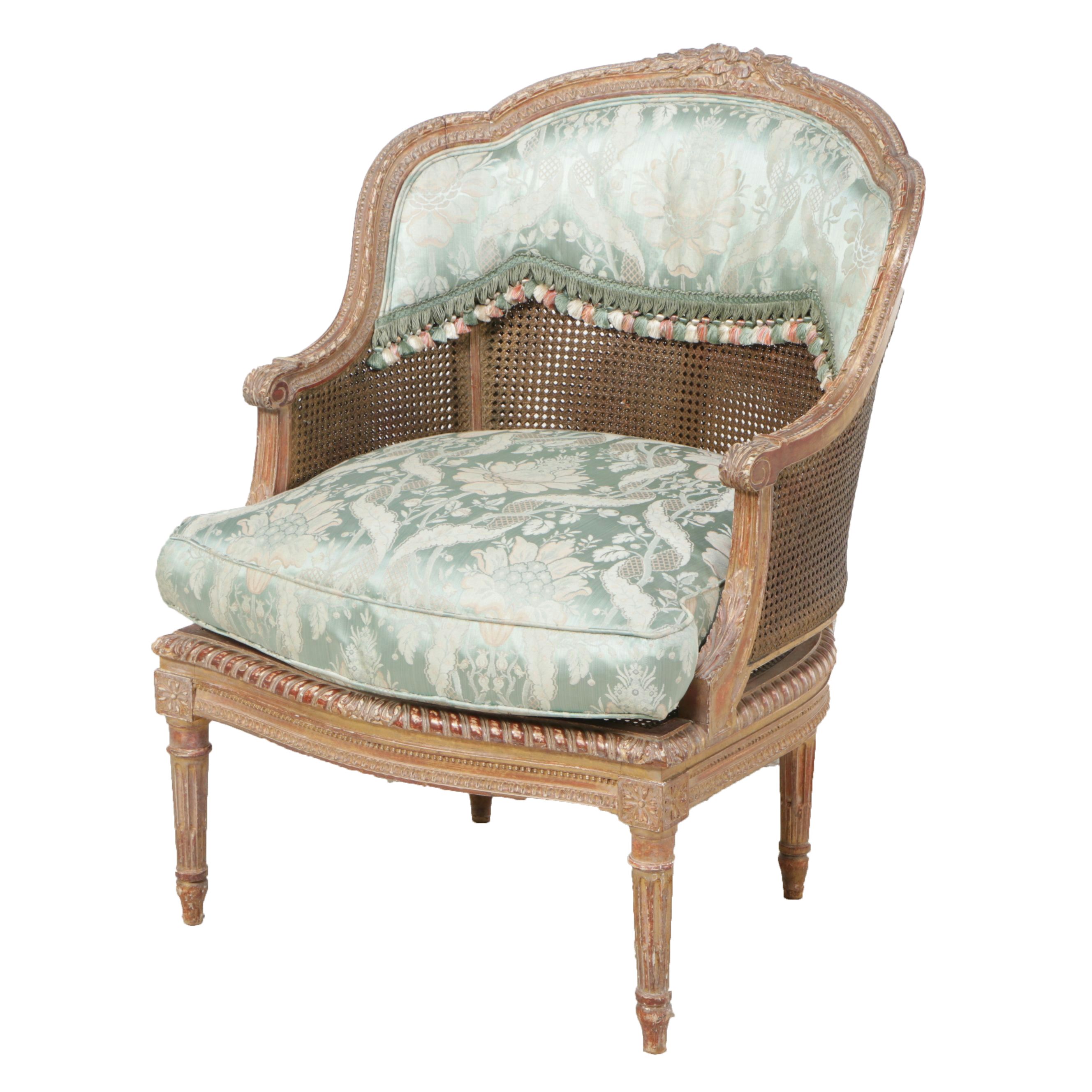 Louis XVI Can and Damask Upholstered Bergere