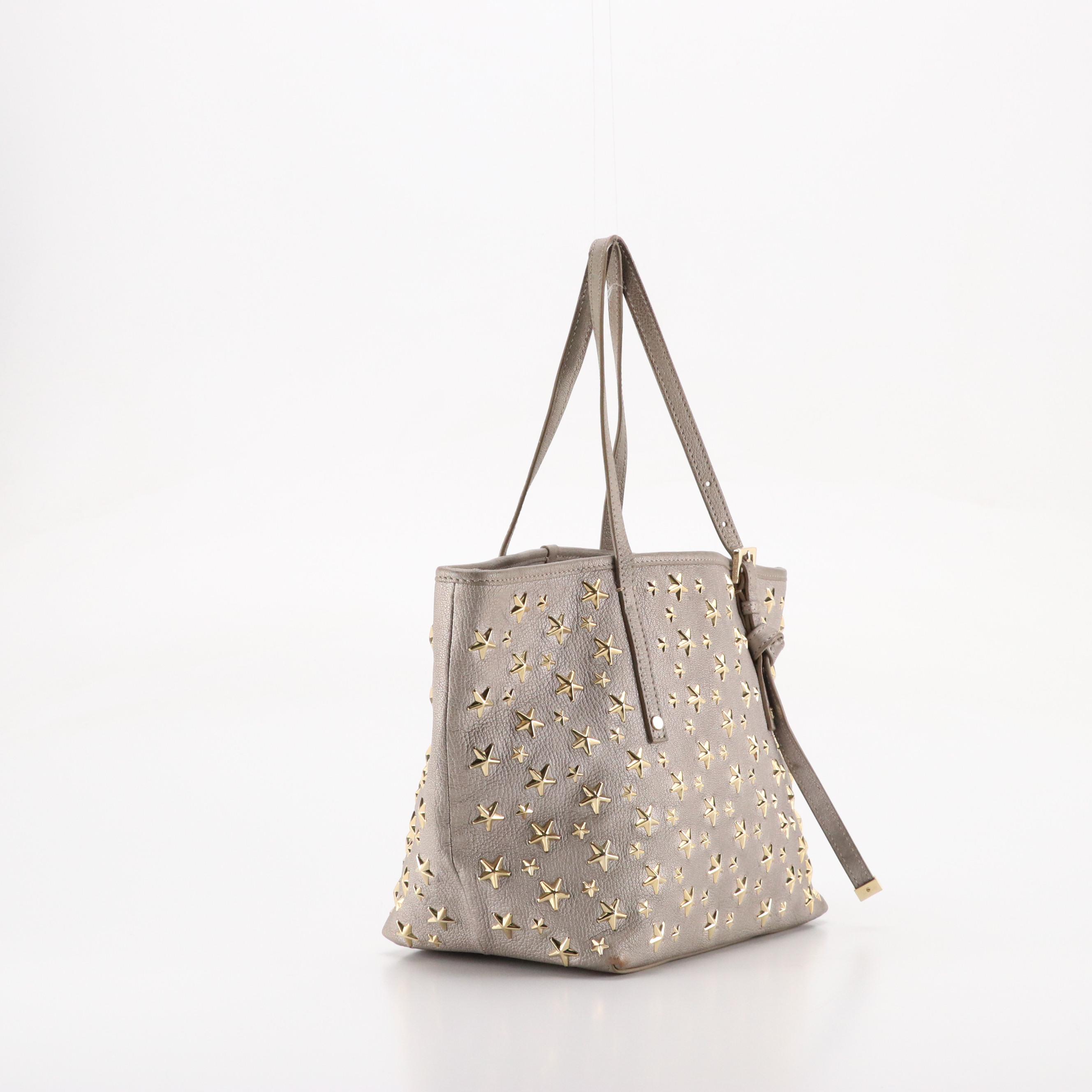 Jimmy Choo Sasha Tote in Gold Tone Star Studded Metallic Silver Calfskin Leather