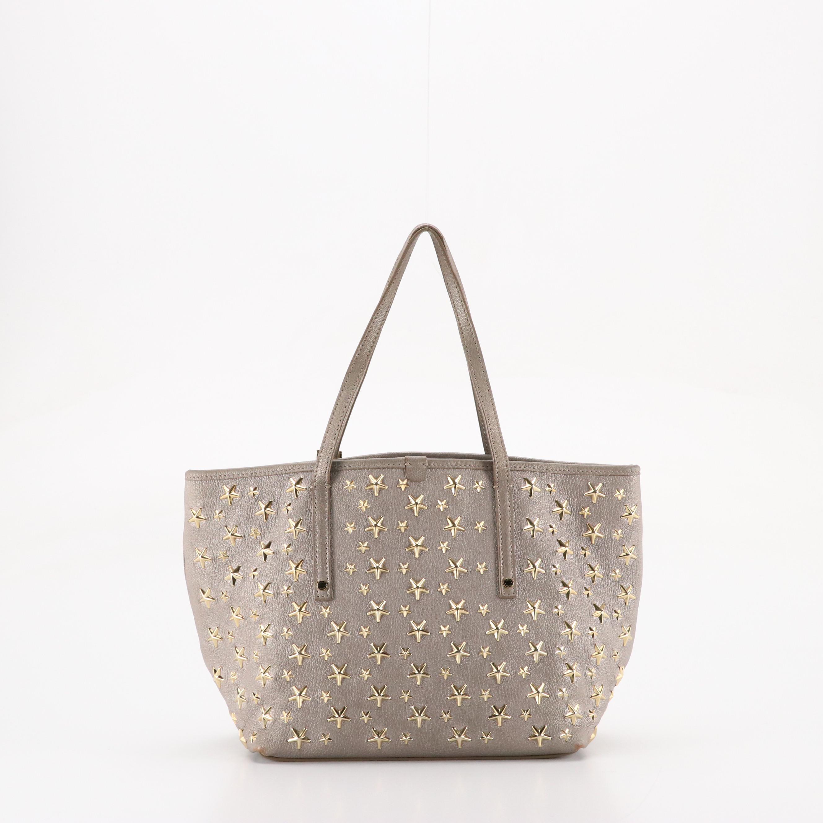 Jimmy Choo Sasha Tote in Gold Tone Star Studded Metallic Silver Calfskin Leather