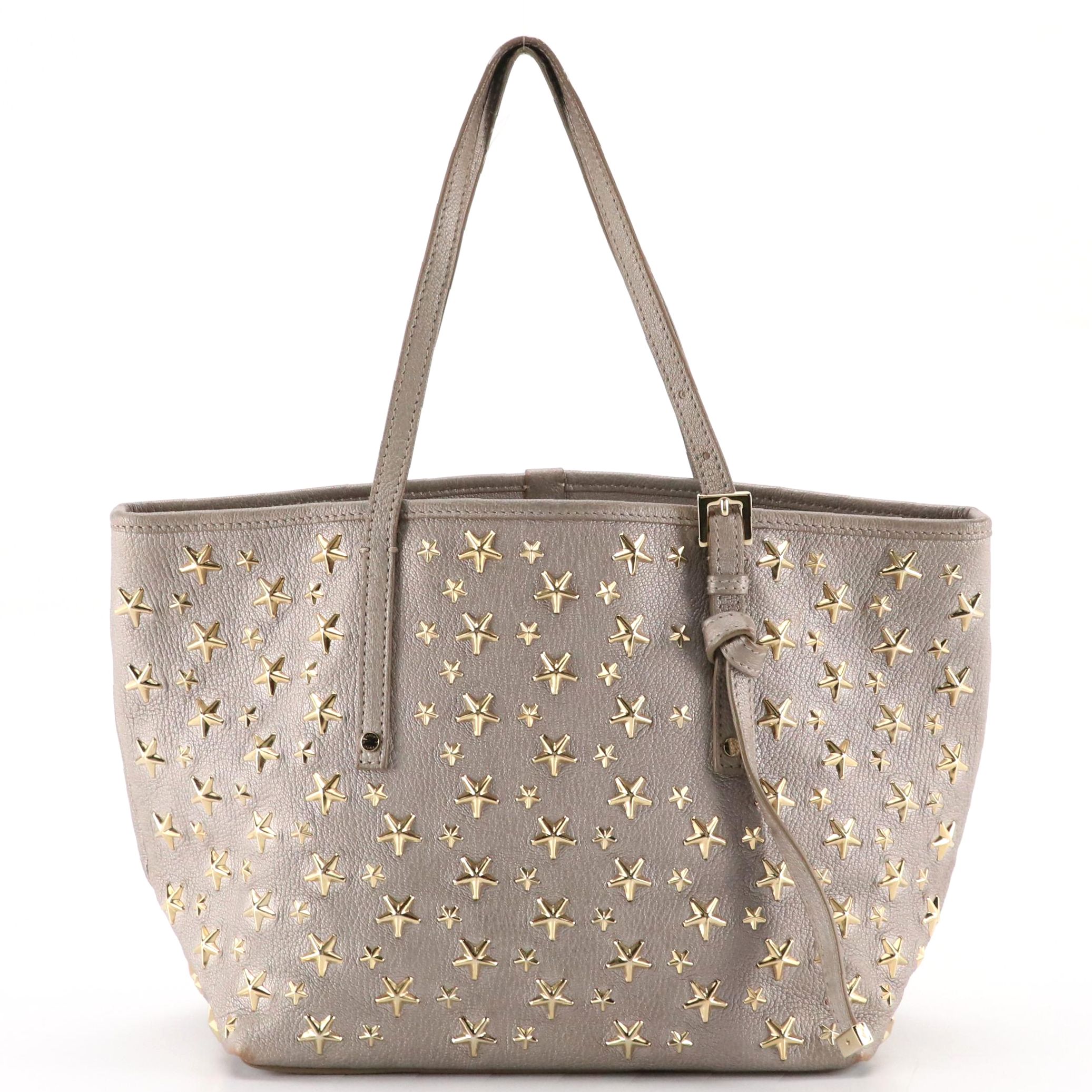 Jimmy Choo Sasha Tote in Gold Tone Star Studded Metallic Silver Calfskin Leather