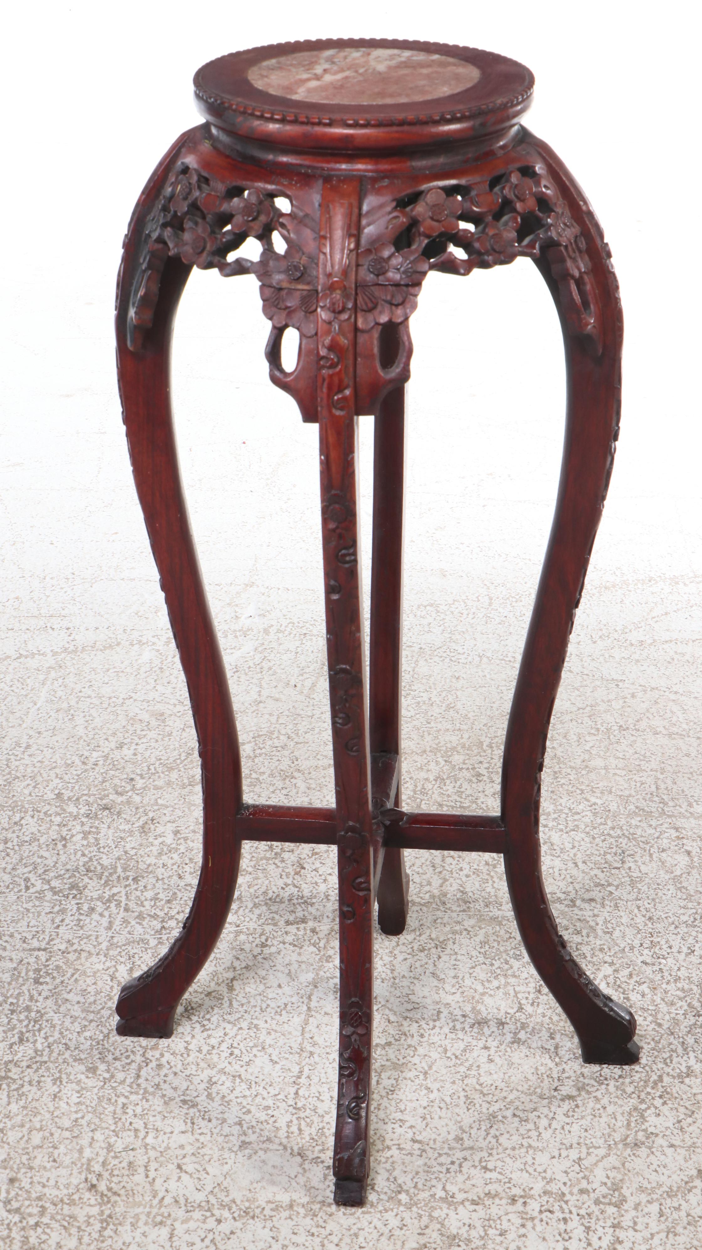 Chinese Carved Rosewood and Marble Plant Stand, 20th Century