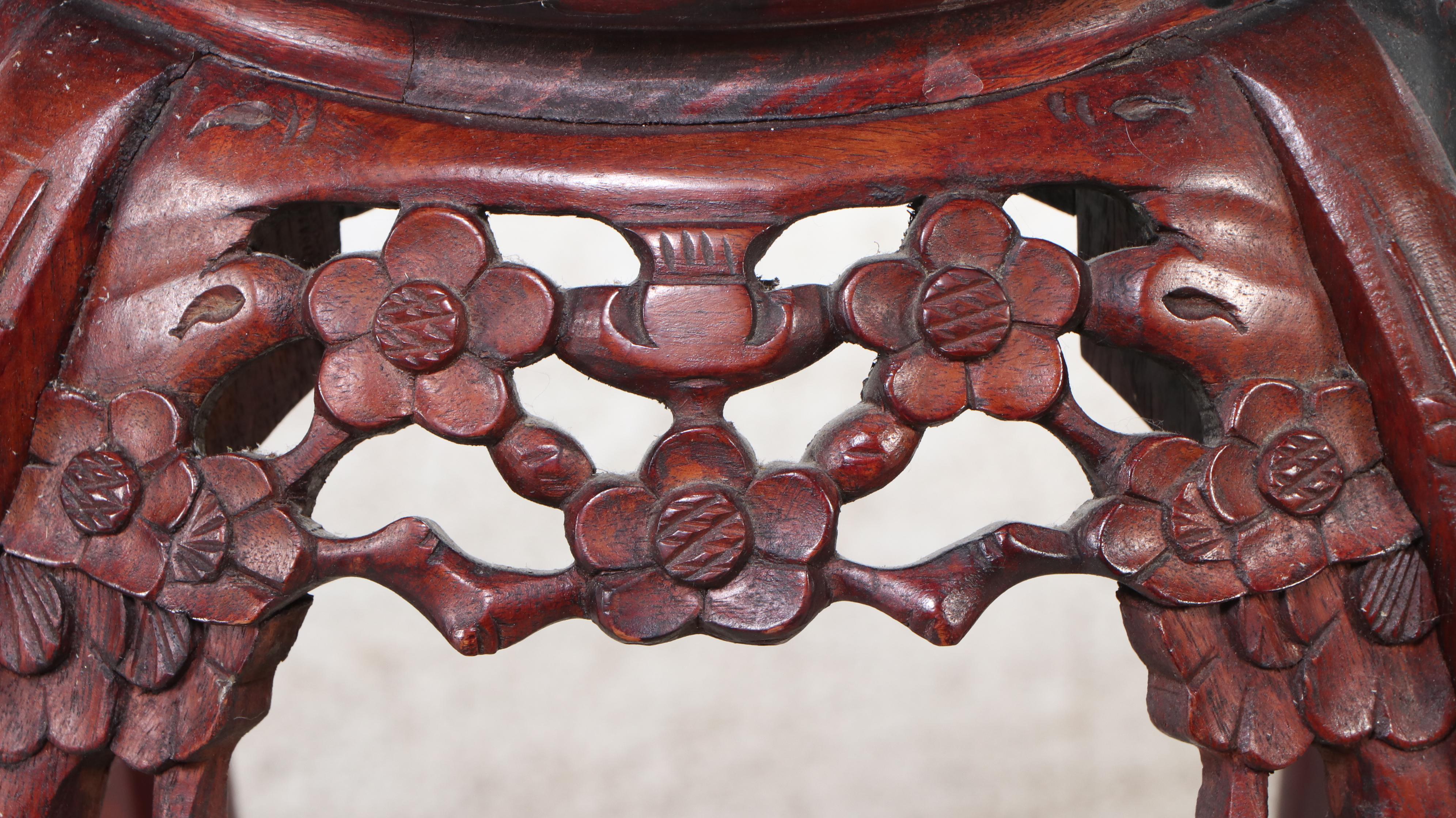 Chinese Carved Rosewood and Marble Plant Stand, 20th Century
