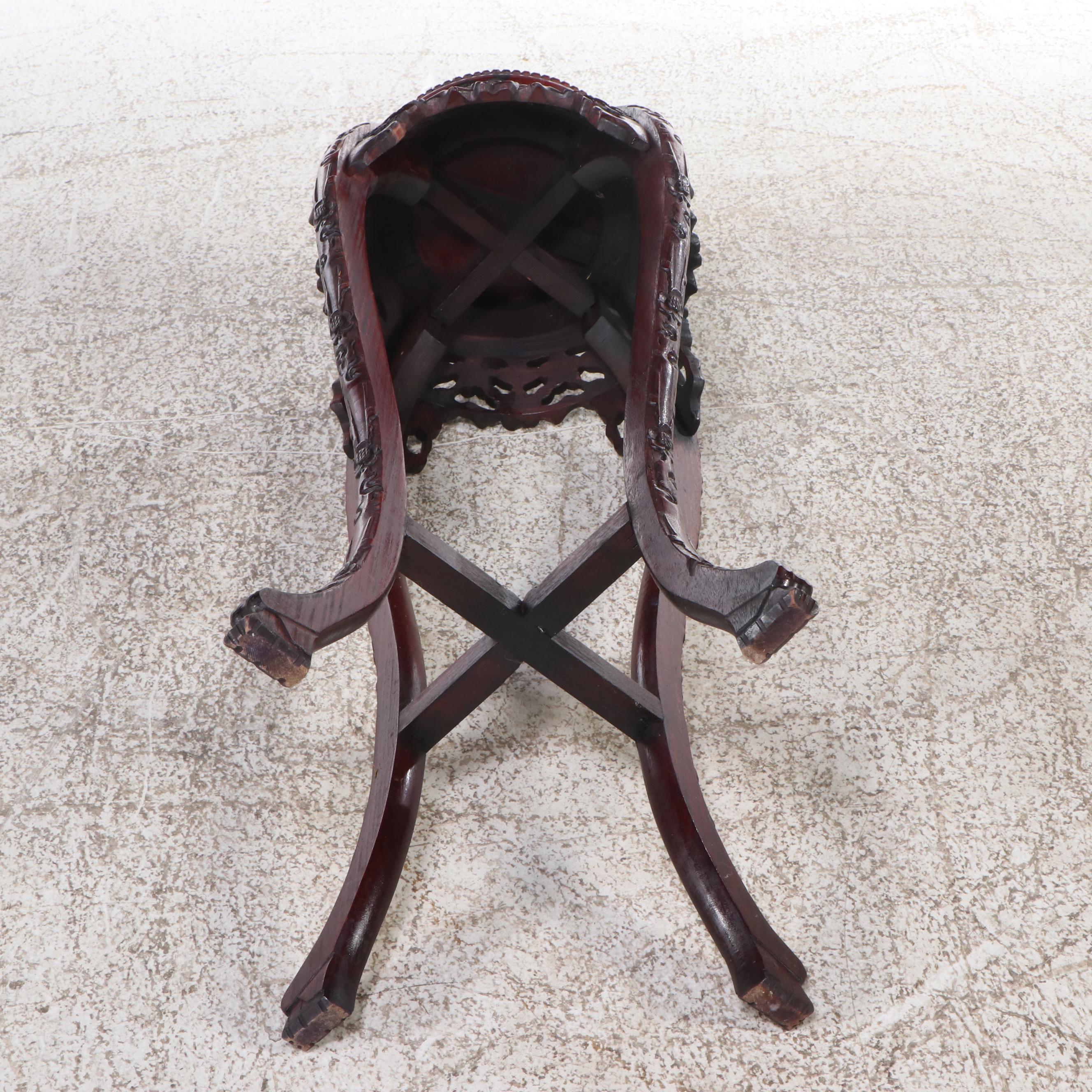 Chinese Carved Rosewood and Marble Plant Stand, 20th Century